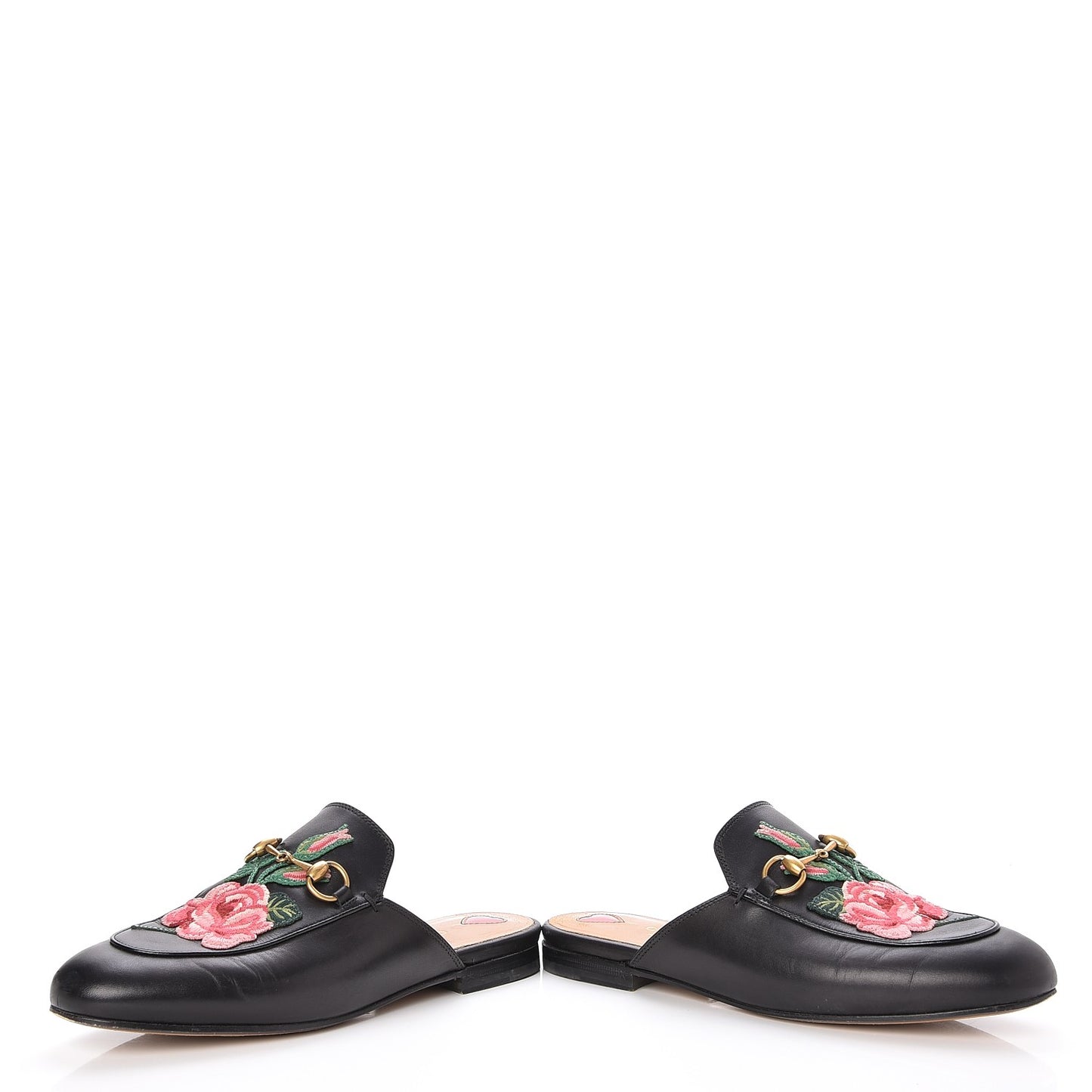 Calfskin Flower Embroidered Princetown Slippers 36.5 Black