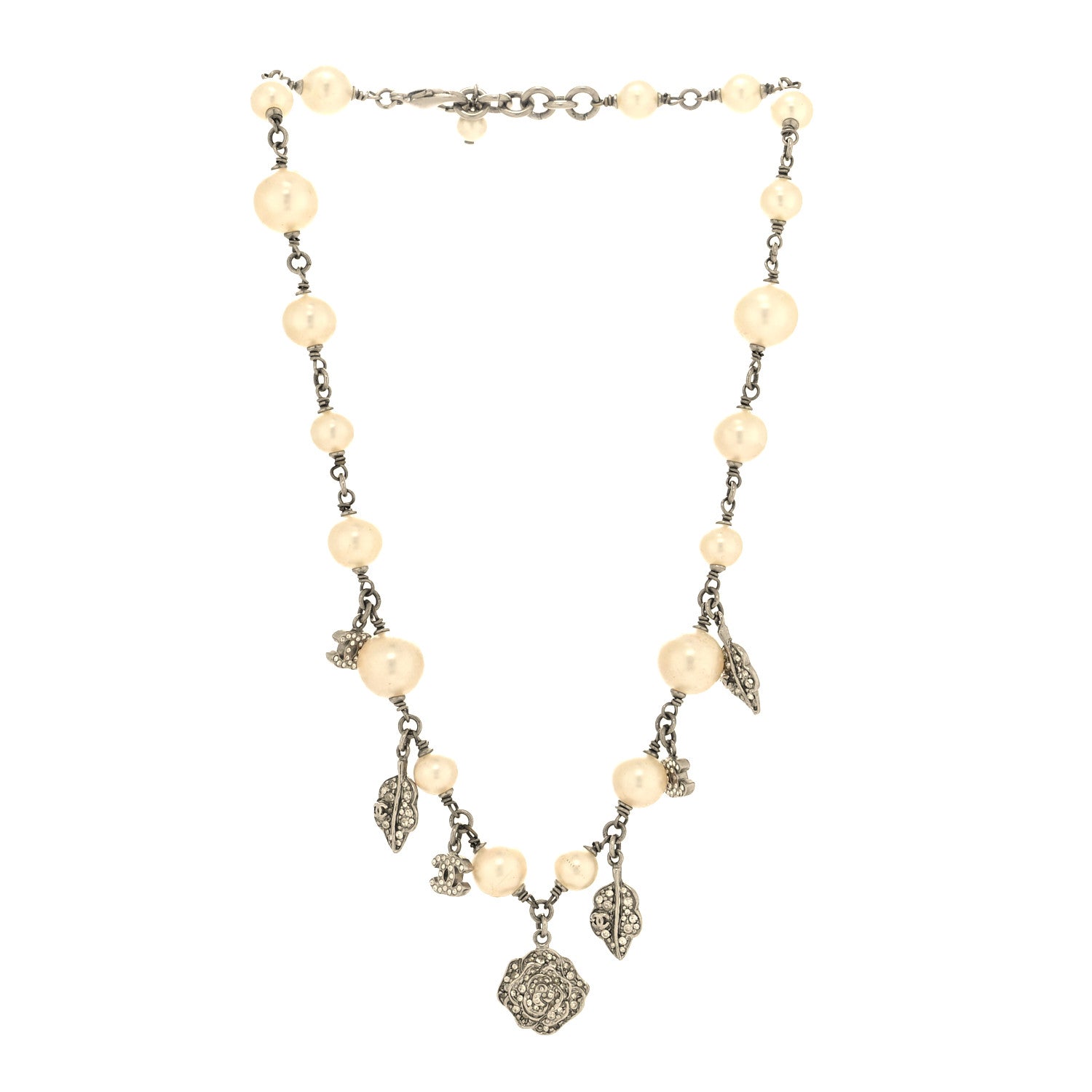 Chanel Crystal Pearl CC Camellia Charm Short Necklace Silver 3 of 5
