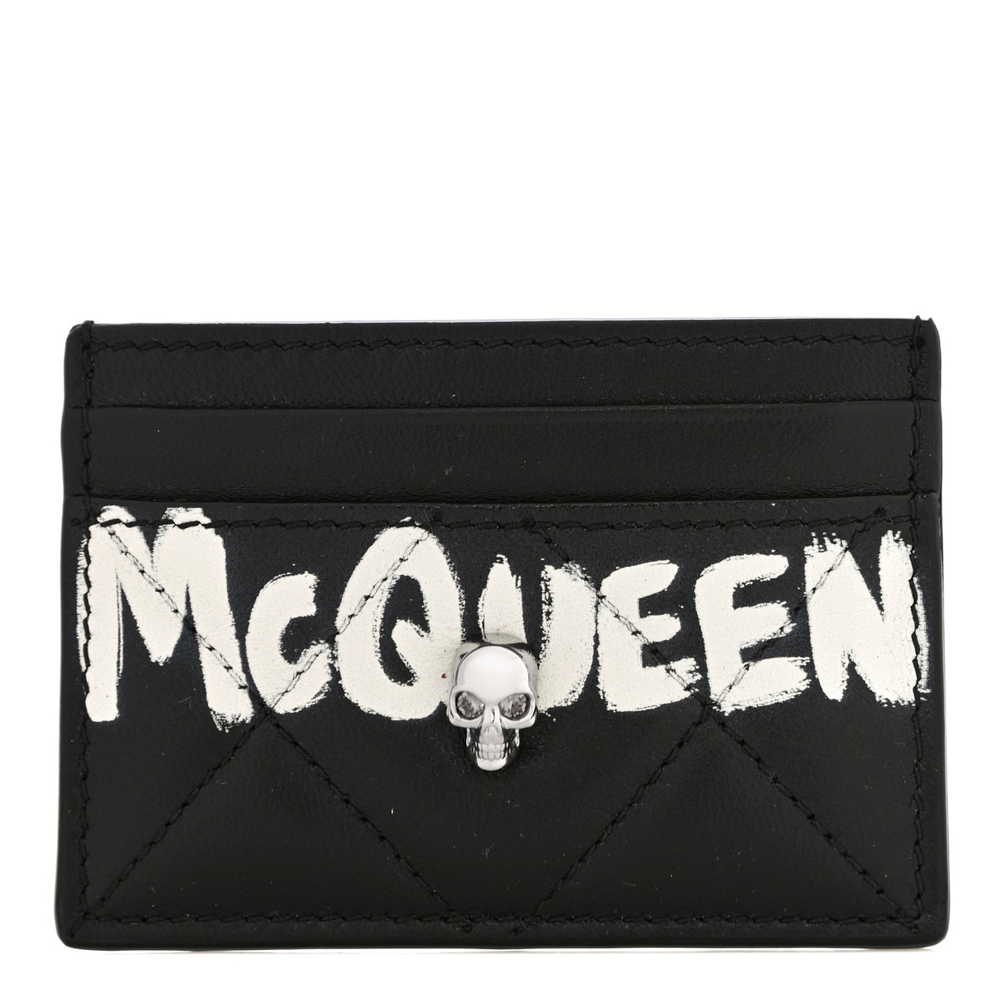 Calfskin Graffiti Skull Card Holder Black