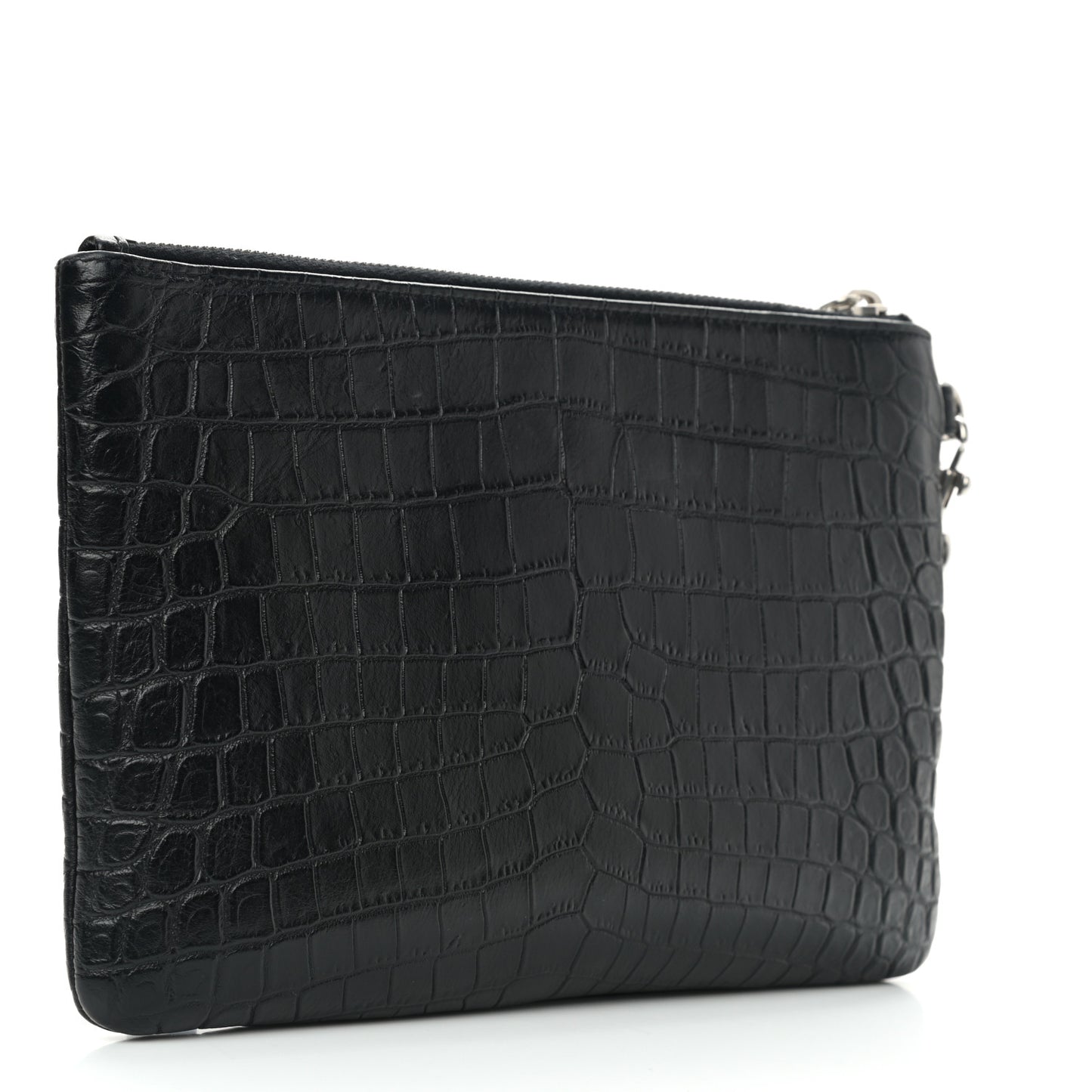 Calfskin Crocodile Embossed Monogram Zip Pouch Black