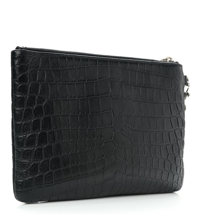 Saint Laurent Calfskin Crocodile Embossed Monogram Zip Pouch Black 3 of 8