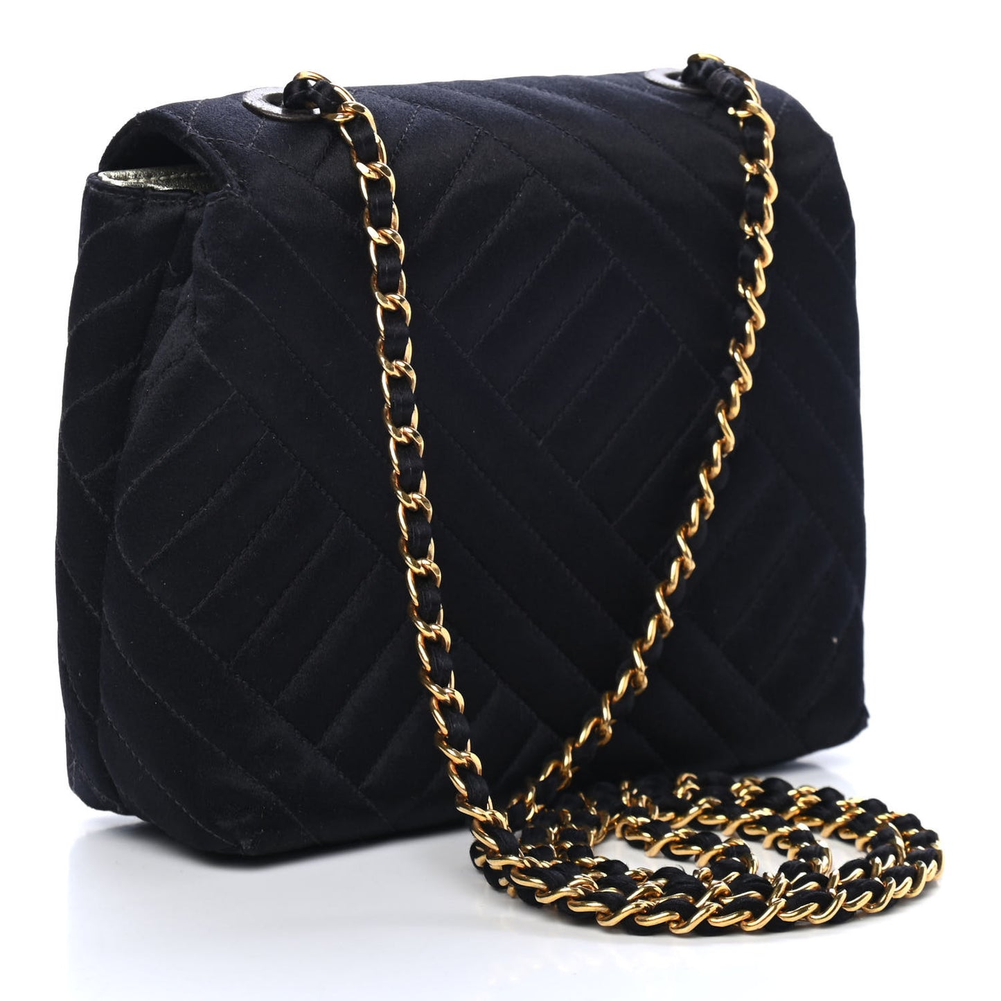 Satin Diagonal Quilted Mini Square Flap Black