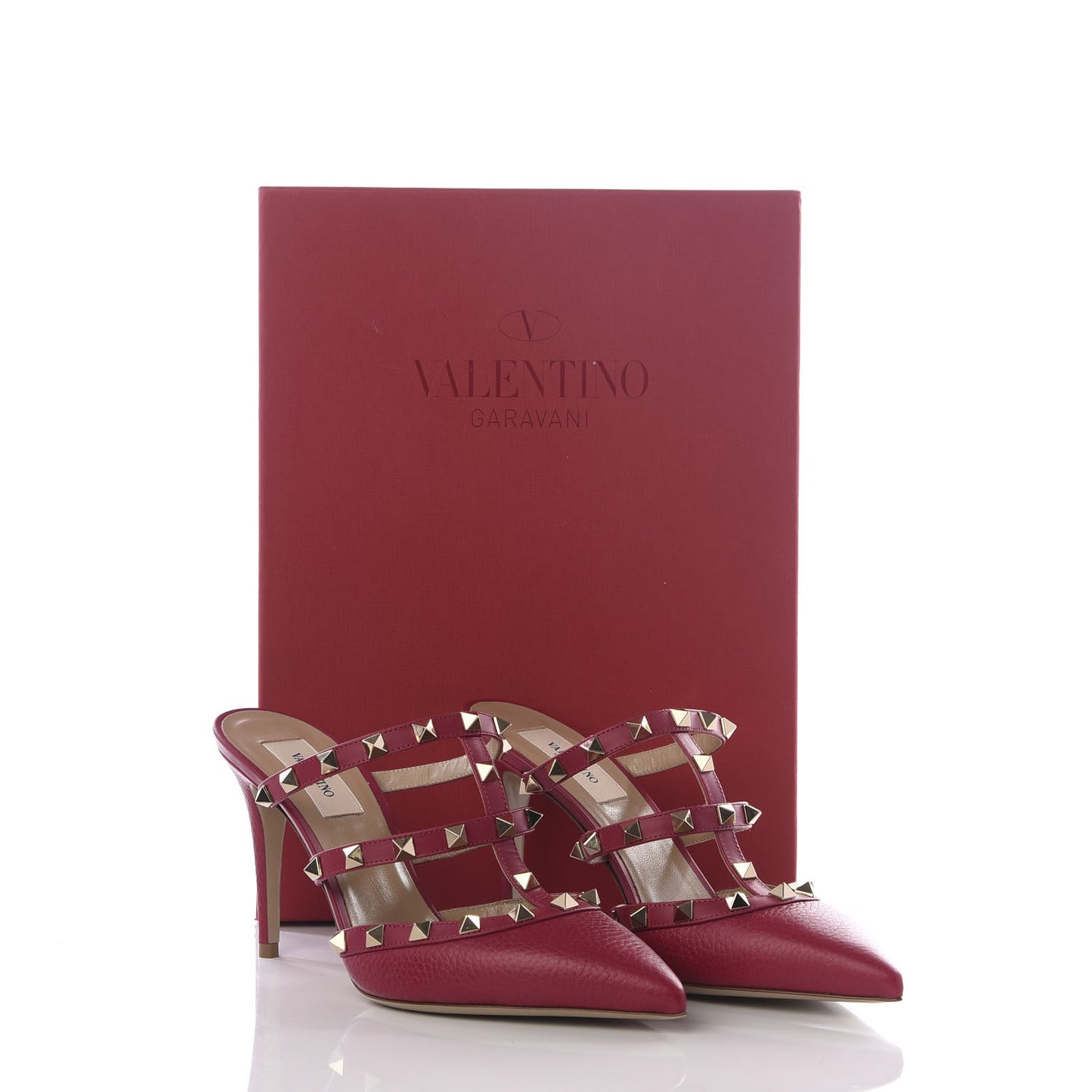 Pebbled Calfskin Rockstud 90mm Cage Mules 37.5 Raspberry