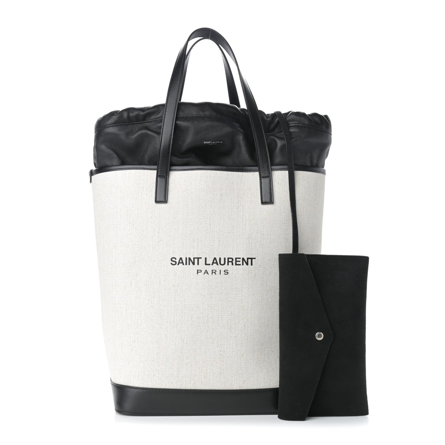 Canvas Calfskin Teddy Drawstring Shopping Tote White Black