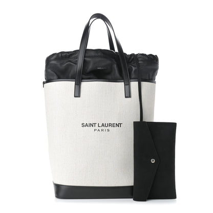 Saint Laurent Canvas Calfskin Teddy Drawstring Shopping Tote White Black 1 of 12