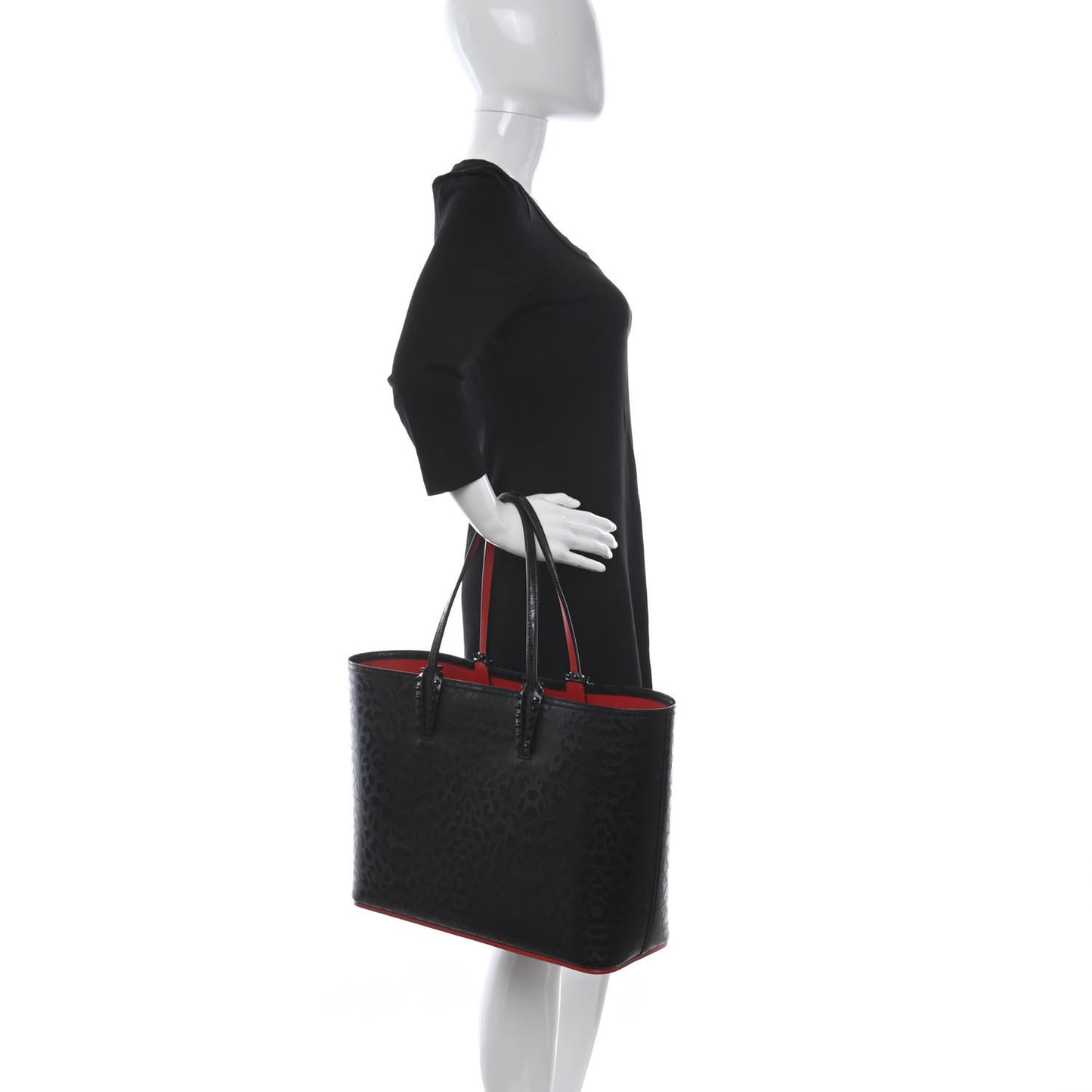 Patent Calfskin Leopard Print Spikes East West Cabata Tote Black