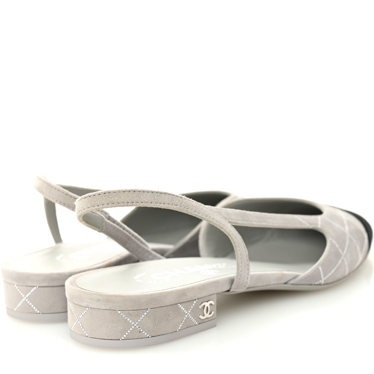 Chanel Suede Crystal Grosgrain Cap Toe CC Slingback Flats 36 Gray