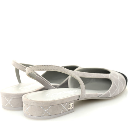 Chanel Suede Crystal Grosgrain Cap Toe CC Slingback Flats 36 Gray Silver Black 4 of 8