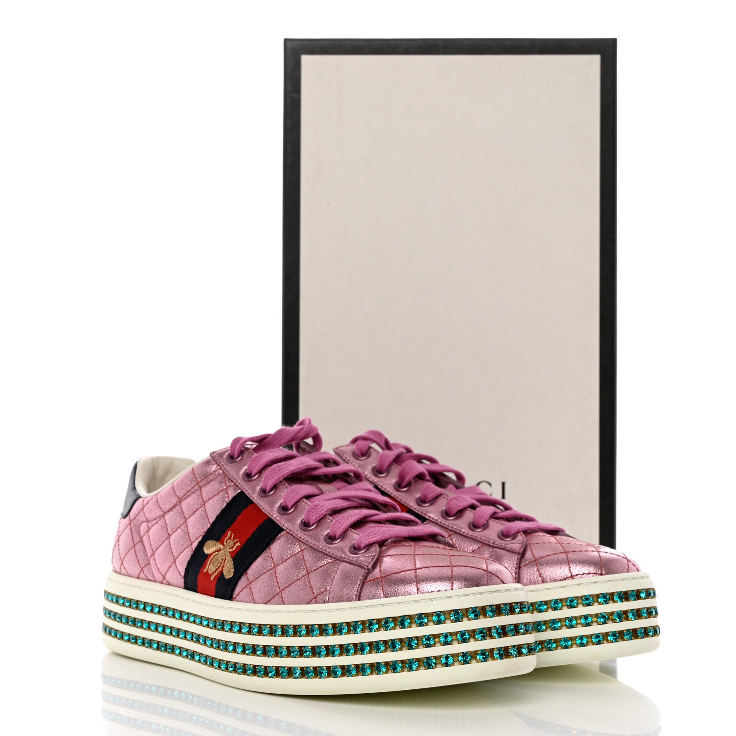 Gucci Laminated Nappa Crystal Web Bee Embroidered Trapuntata Womens Ace Platform Sneakers 39 Rosa 9 of 9