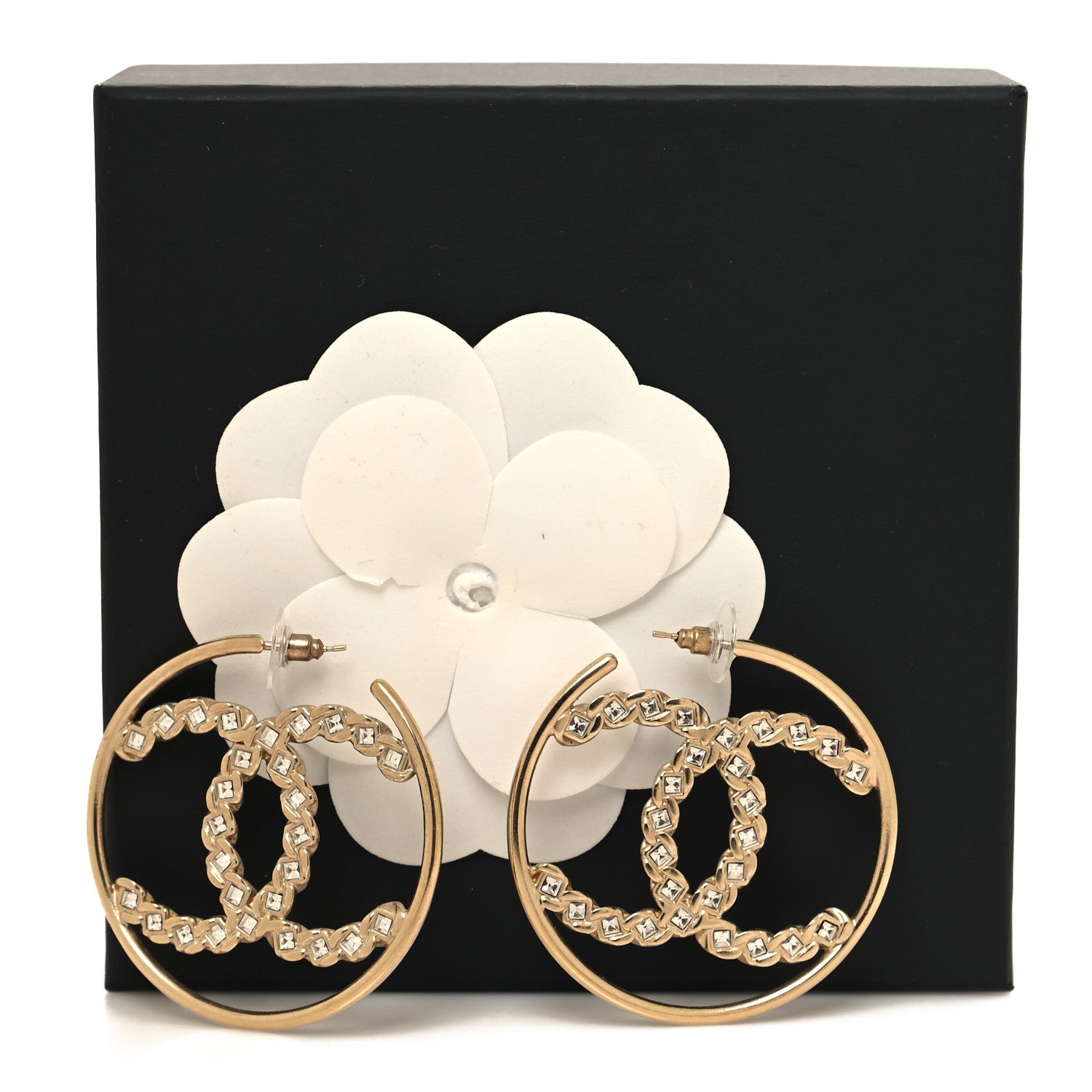 Chanel Crystal High Society CC Hoop Earrings Gold 5 of 5