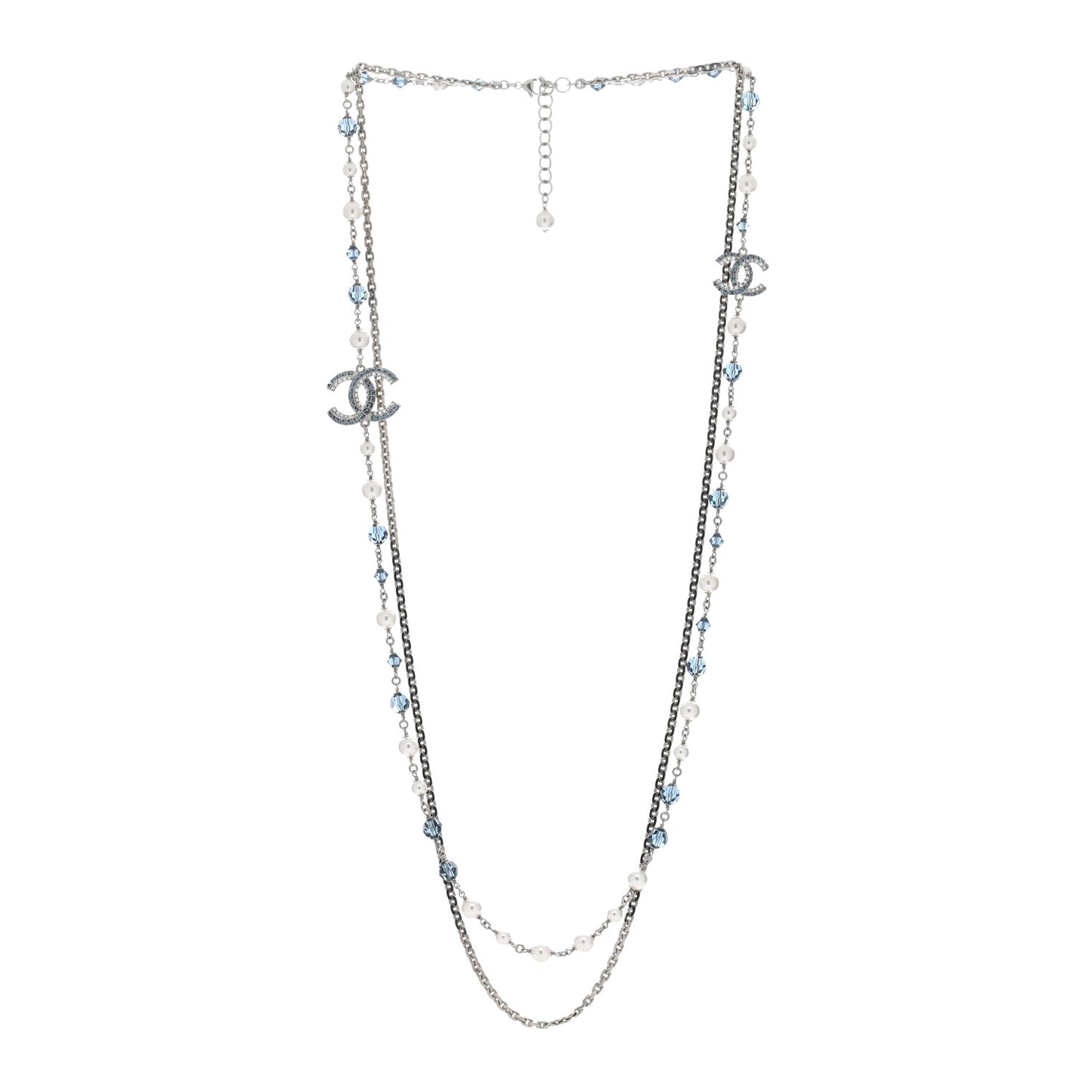 Pearl Crystal Bead CC Long Necklace Silver Blue