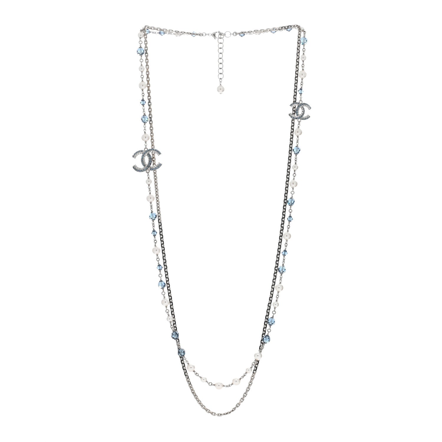 Chanel Pearl Crystal Bead CC Long Necklace Silver Blue 2 of 4