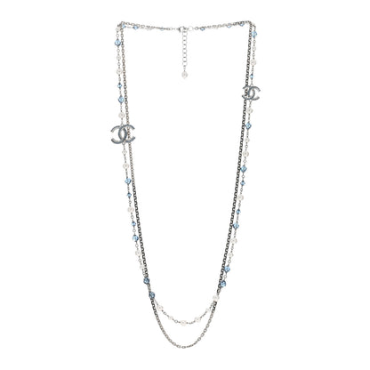 Chanel Pearl Crystal Bead CC Long Necklace Silver Blue 2 of 4