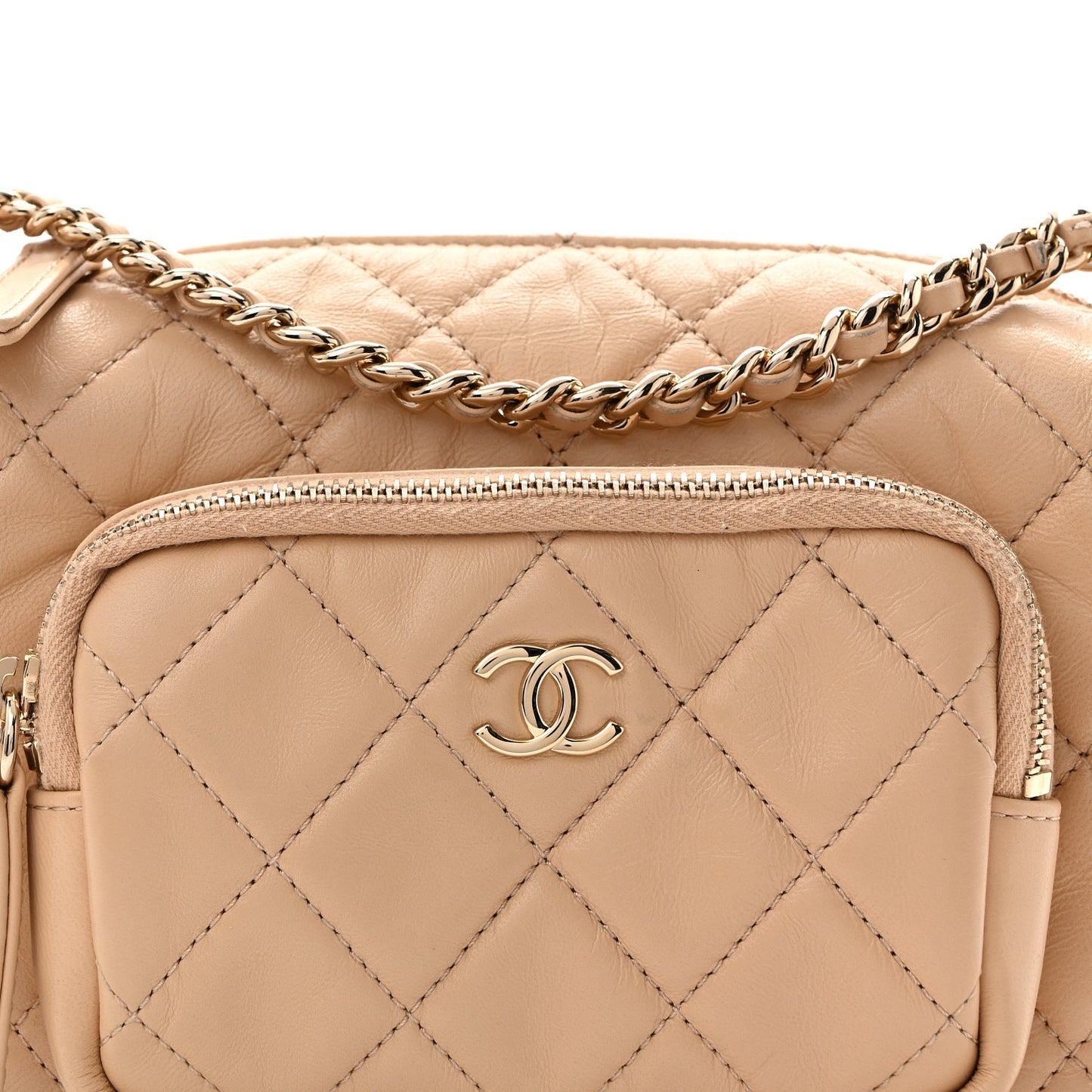 Shiny Crumpled Lambskin Quilted Small Preppy Pocket Camera Case Beige