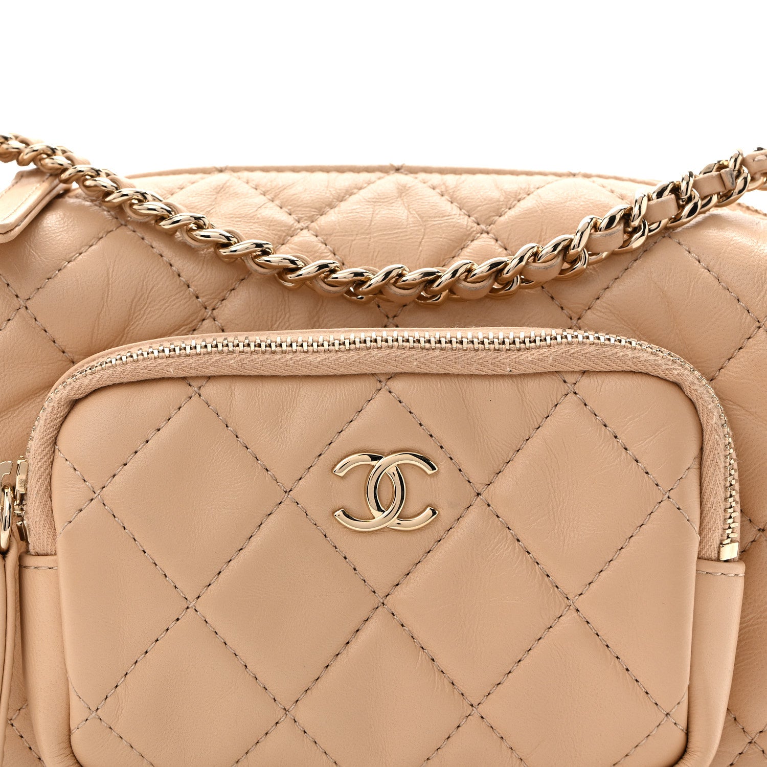 Chanel Shiny Crumpled Lambskin Quilted Small Preppy Pocket Camera Case Beige 8 of 13