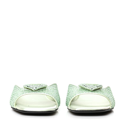 Prada Satin Crystal Logo 10mm Slide Sandals 37.5 Acqua 2 of 7