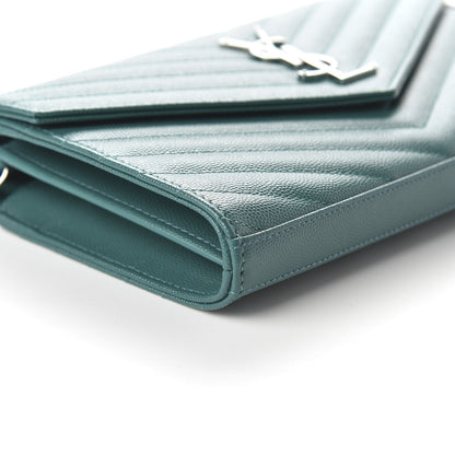 Saint Laurent Grain De Poudre Matelasse Chevron Monogram Chain Wallet Malachite 6 of 10