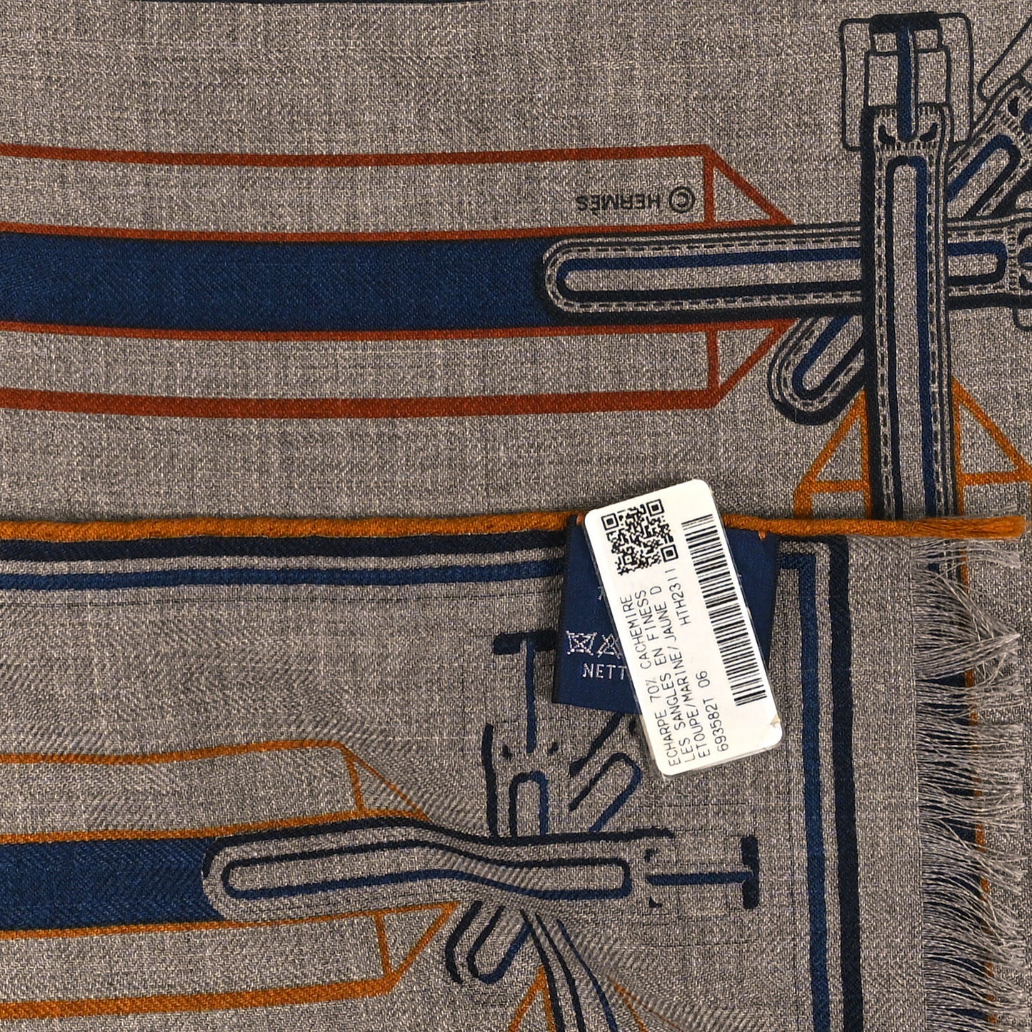 Cashmere Silk Les Sangles En Finesse Rectangle Scarf Etoupe Marine Jaune D'Or