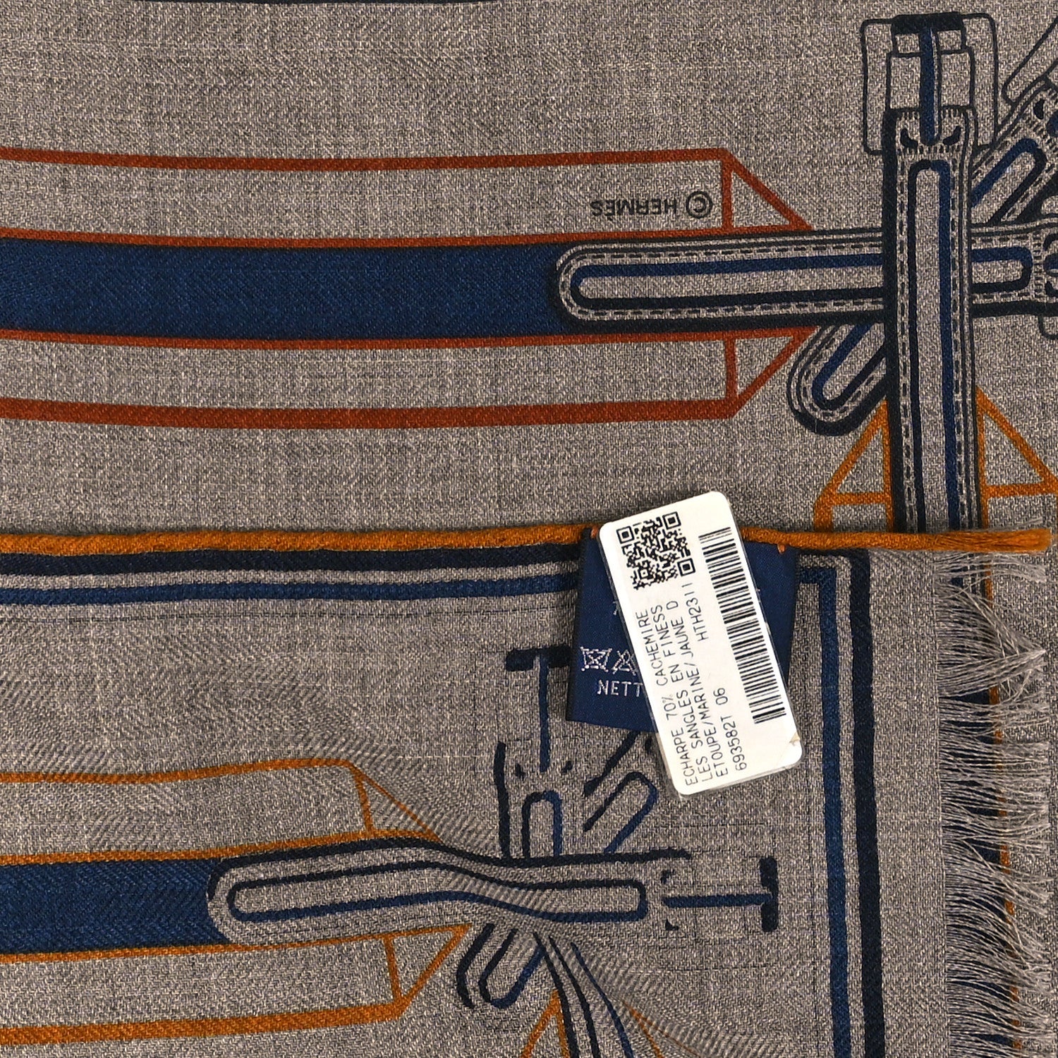 Hermes Cashmere Silk Les Sangles En Finesse Rectangle Scarf Etoupe Marine Jaune D'Or 3 of 3