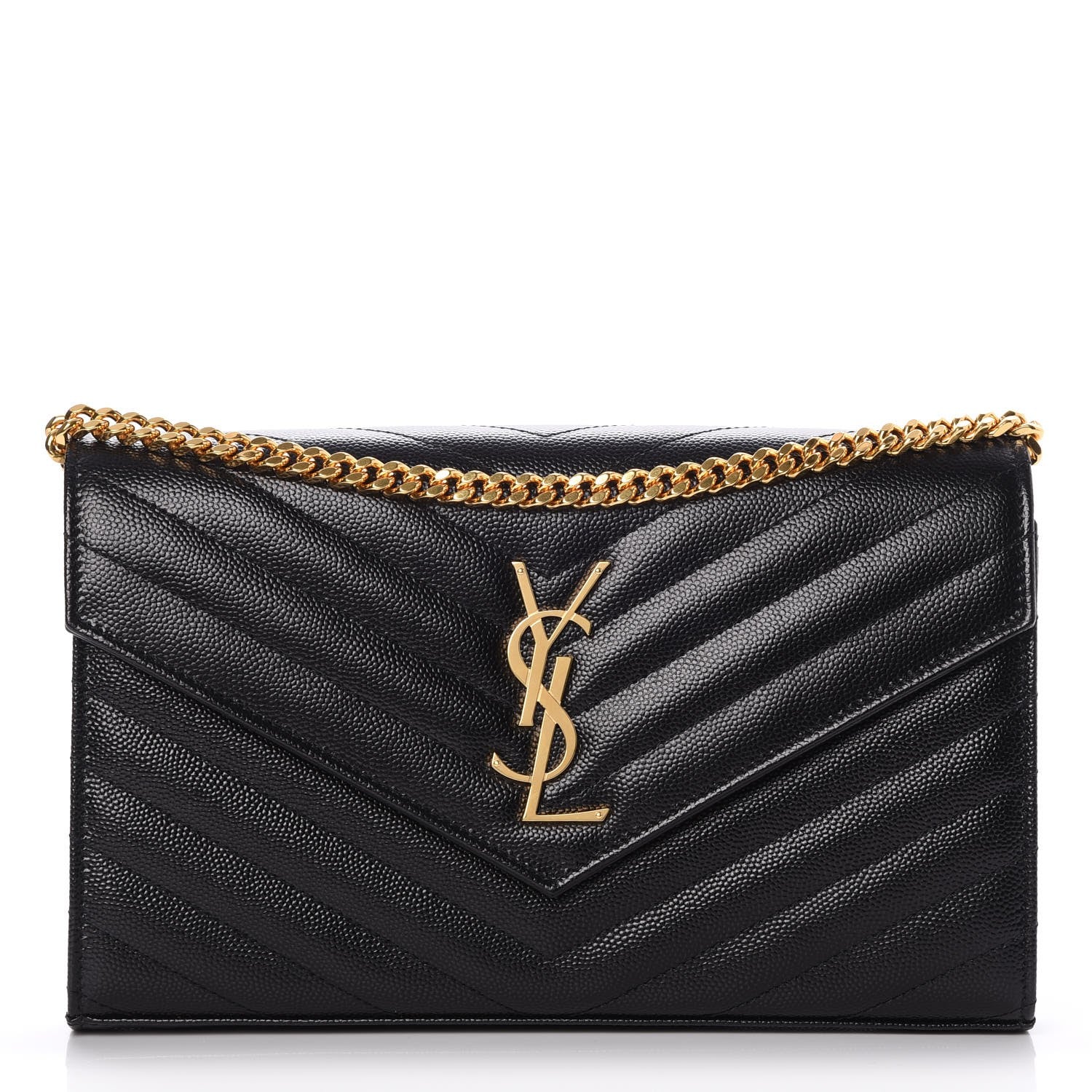 Saint Laurent Grain De Poudre Matelasse Chevron Monogram Chain Wallet Black 1 of 8