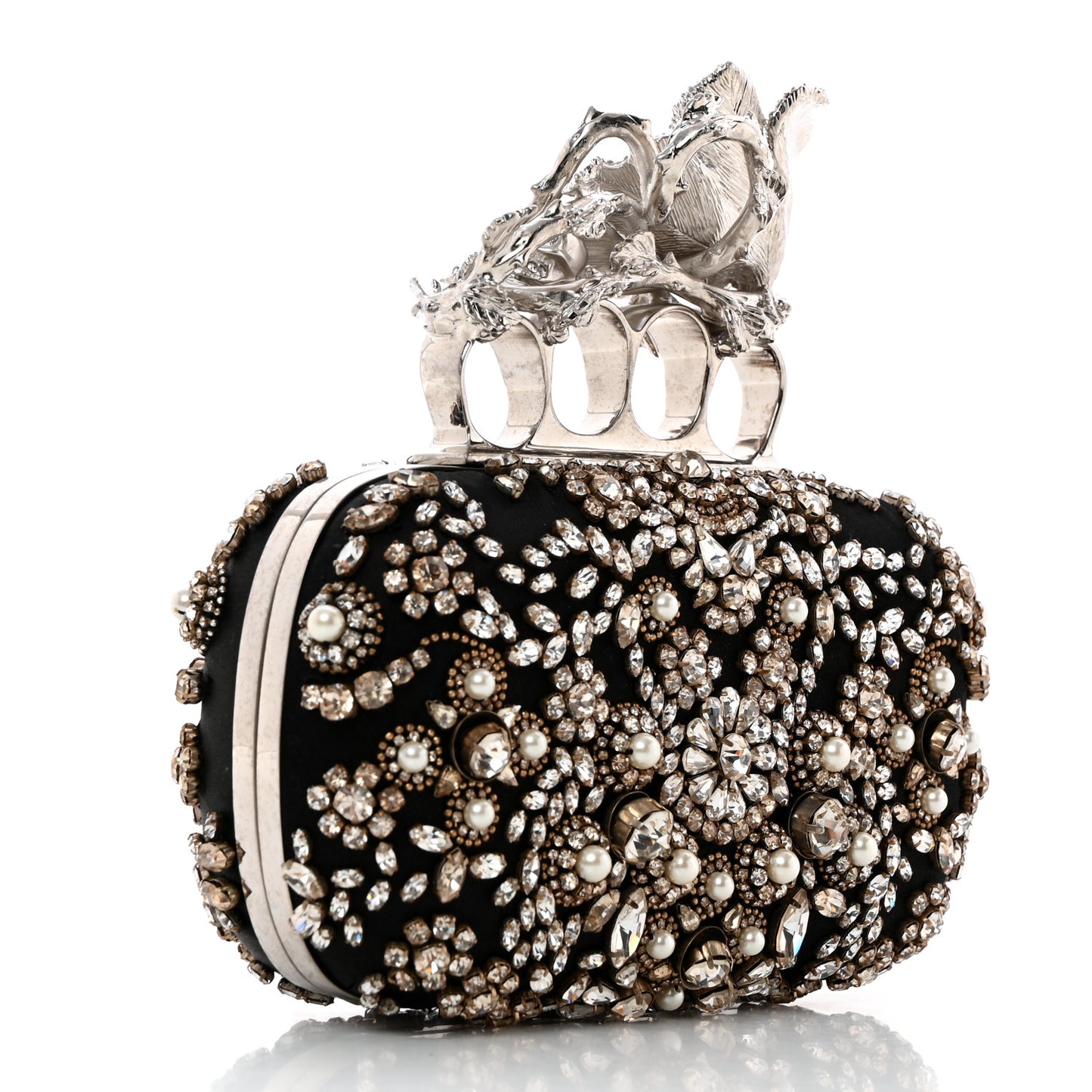 Satin Embellished Floral Knuckle Duster Box Clutch Black