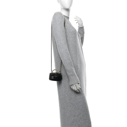 Chanel Lambskin Pearl Crystal Quilted Pearly Girl Top Handle Round Vanity Case With Chain Black 3 of 11