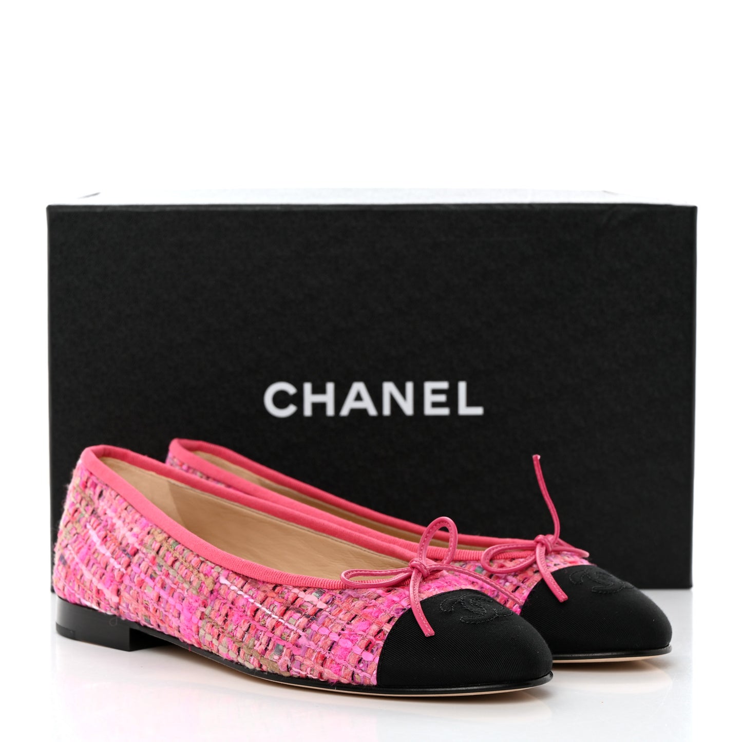 Tweed Grosgrain Cap Toe Ballerina Flats 37 Pink Black