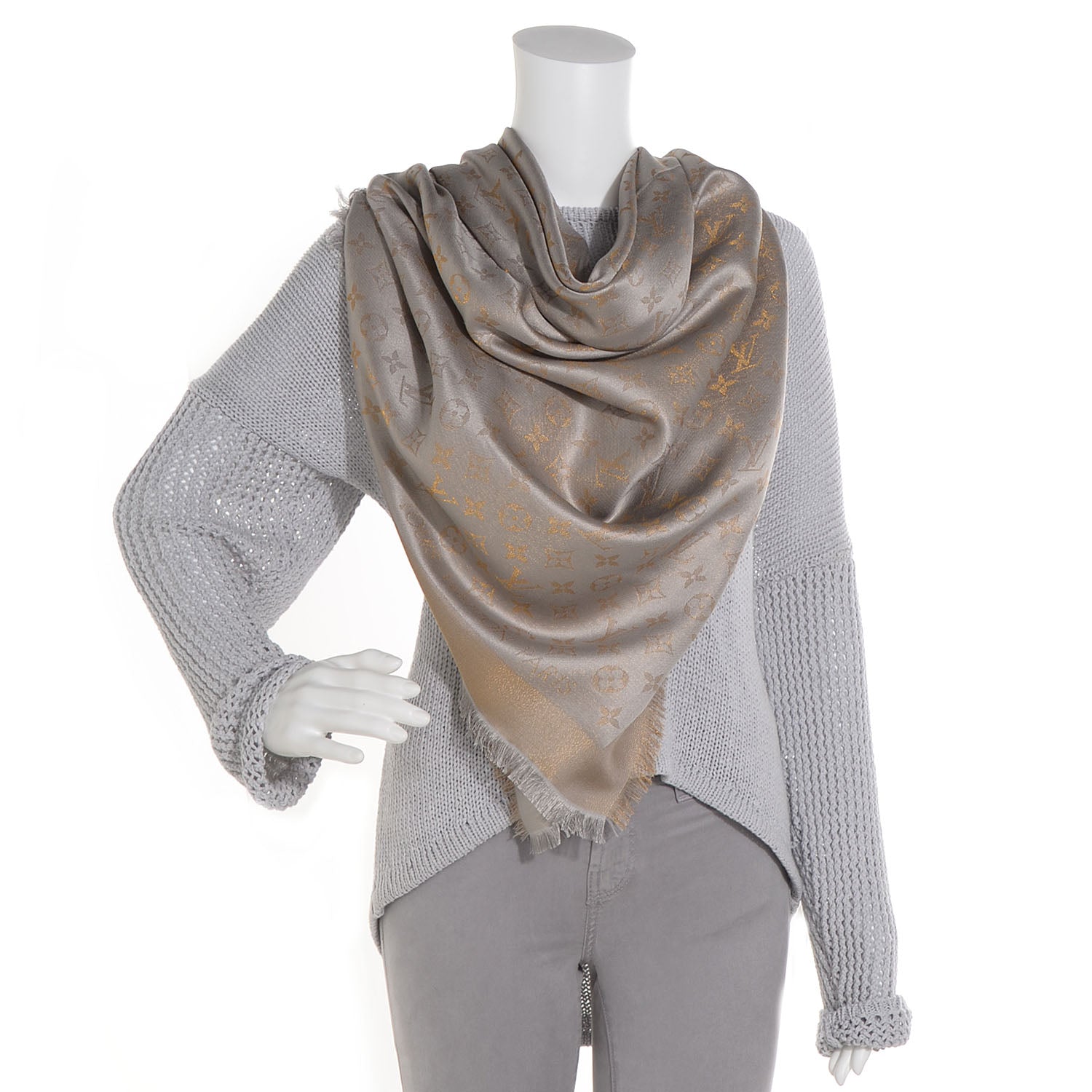 Louis Vuitton Monogram Silk Wool Shine Shawl Beige 2 of 5