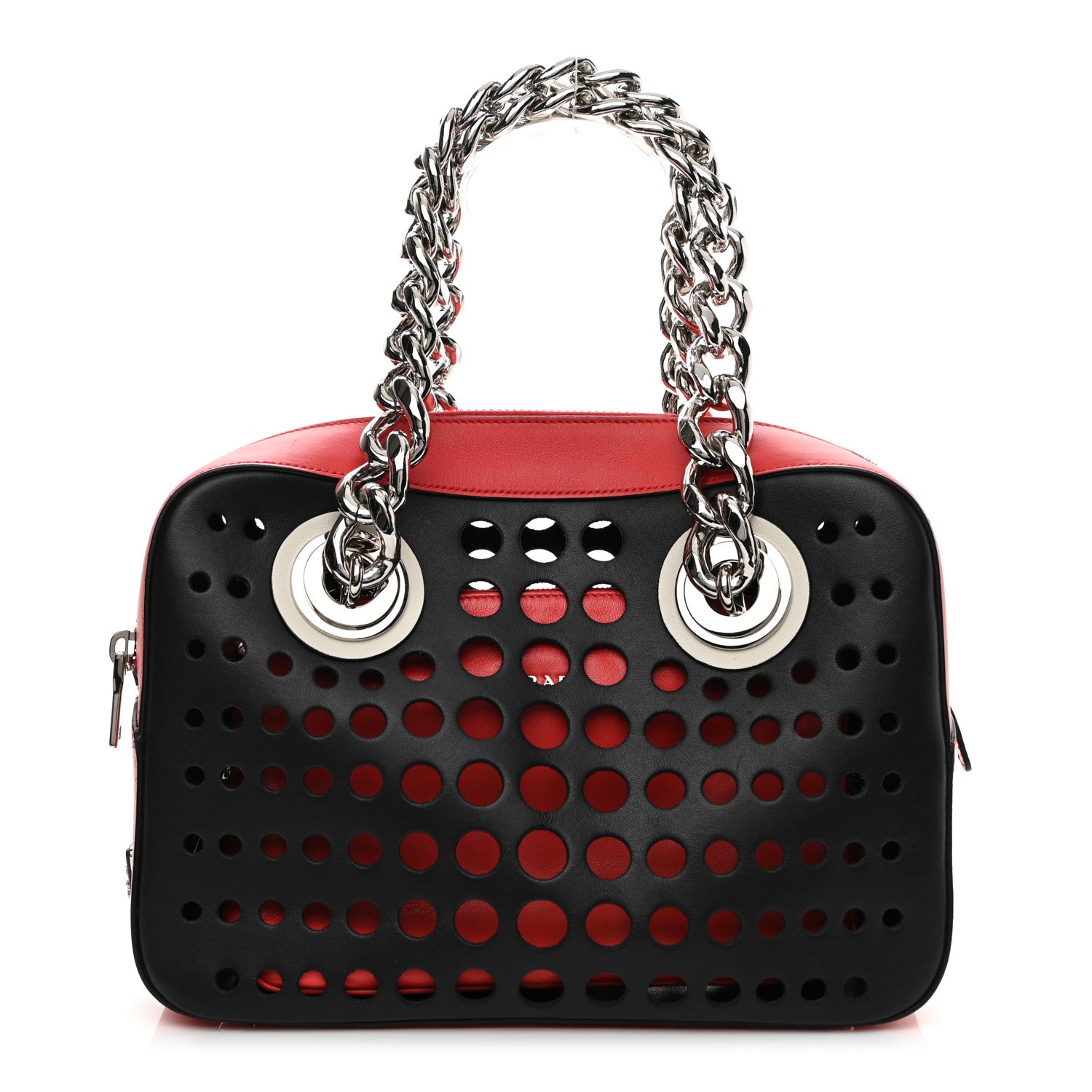 Prada City Calfskin Perforated Chain Shoulder Bag Black Lacca 3 of 13