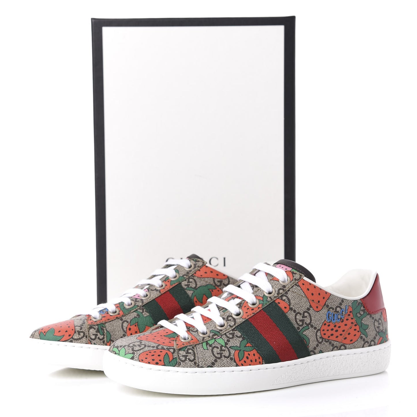 GG Supreme Monogram Strawberry Web Womens Ace Sneakers 36 Beige Multicolor Red Green