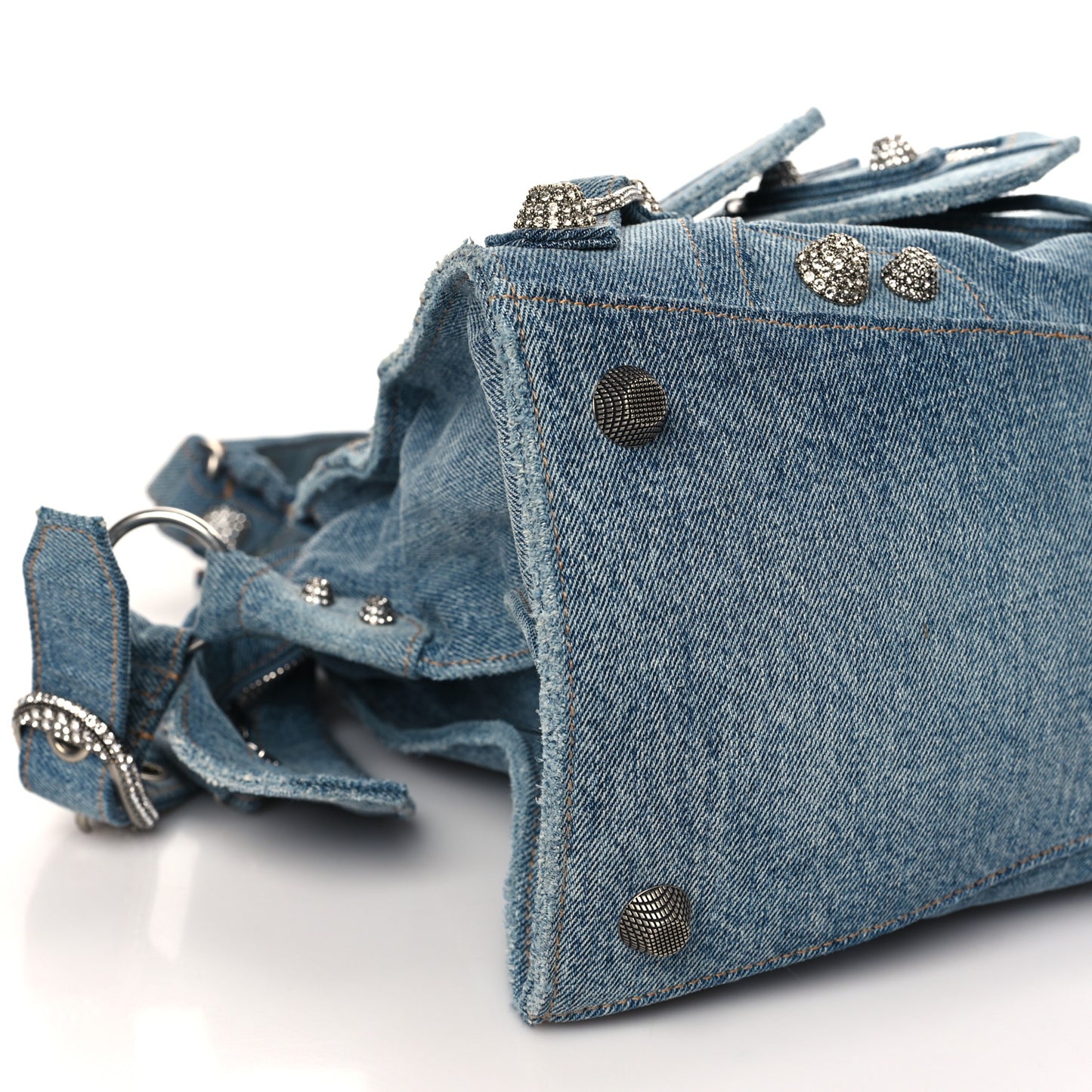 Washed Frayed Denim Crystal Neo Cagole City Handbag Blue