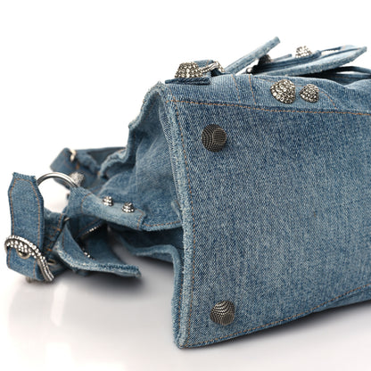 Balenciaga Washed Frayed Denim Crystal Neo Cagole City Handbag Blue 8 of 9