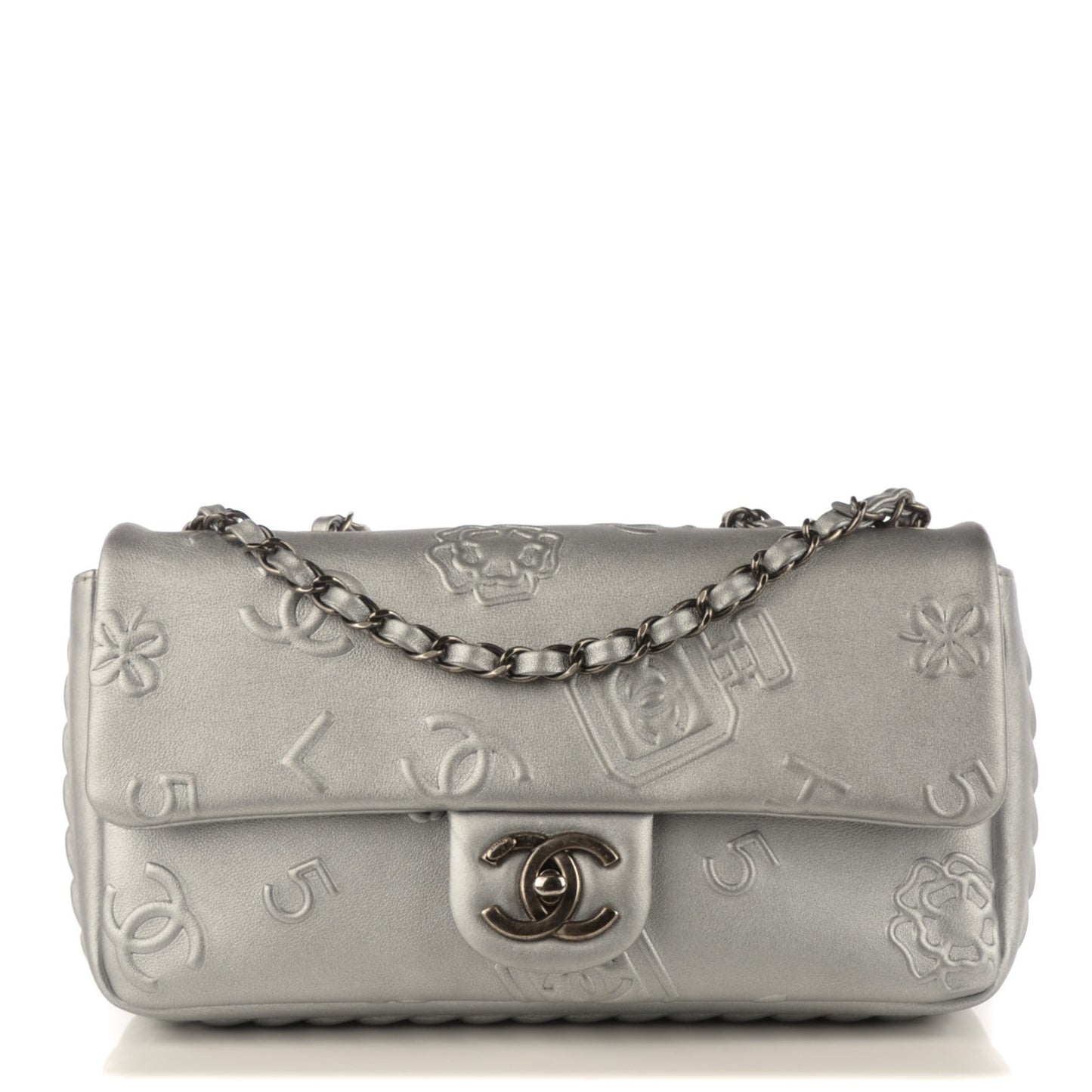 Metallic Lambskin Symbols Medium Single Flap Silver