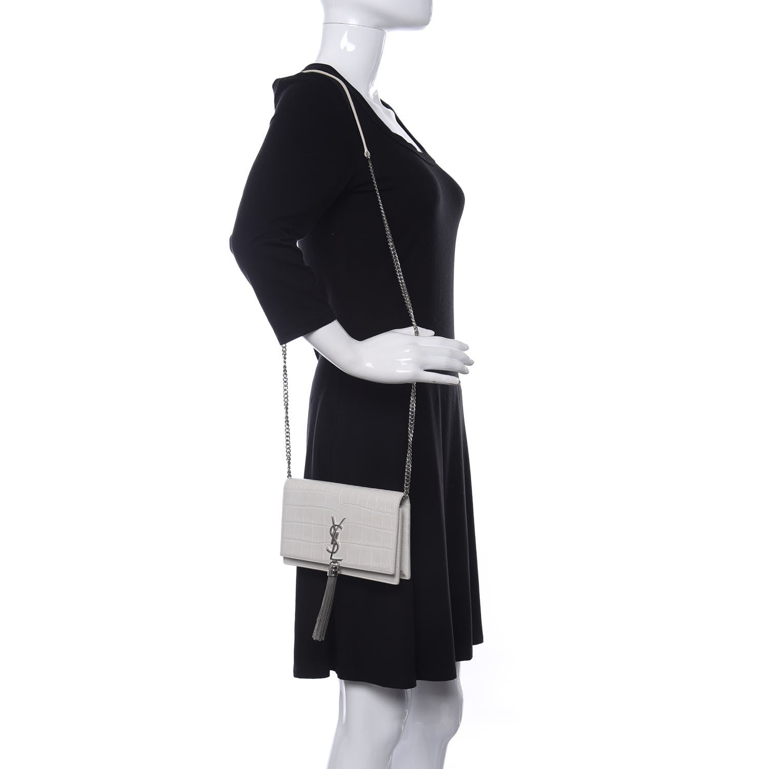 Saint Laurent Calfskin Crocodile Embossed Kate Monogram Tassel Chain Wallet Crema Soft 2 of 9