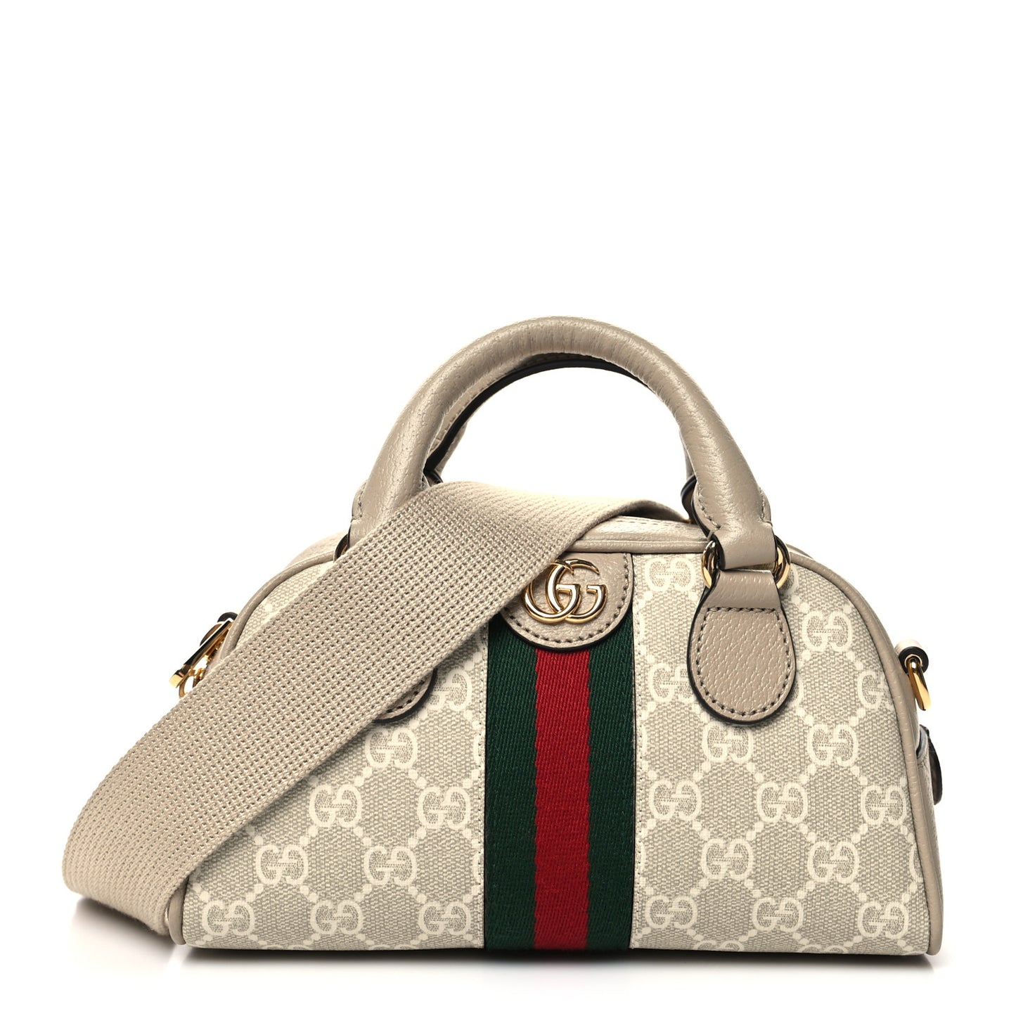 GG Supreme Monogram Textured Dollar Calfskin Web Mini Ophidia Top Handle Bowler Bag Beige Mystic White Oatmeal