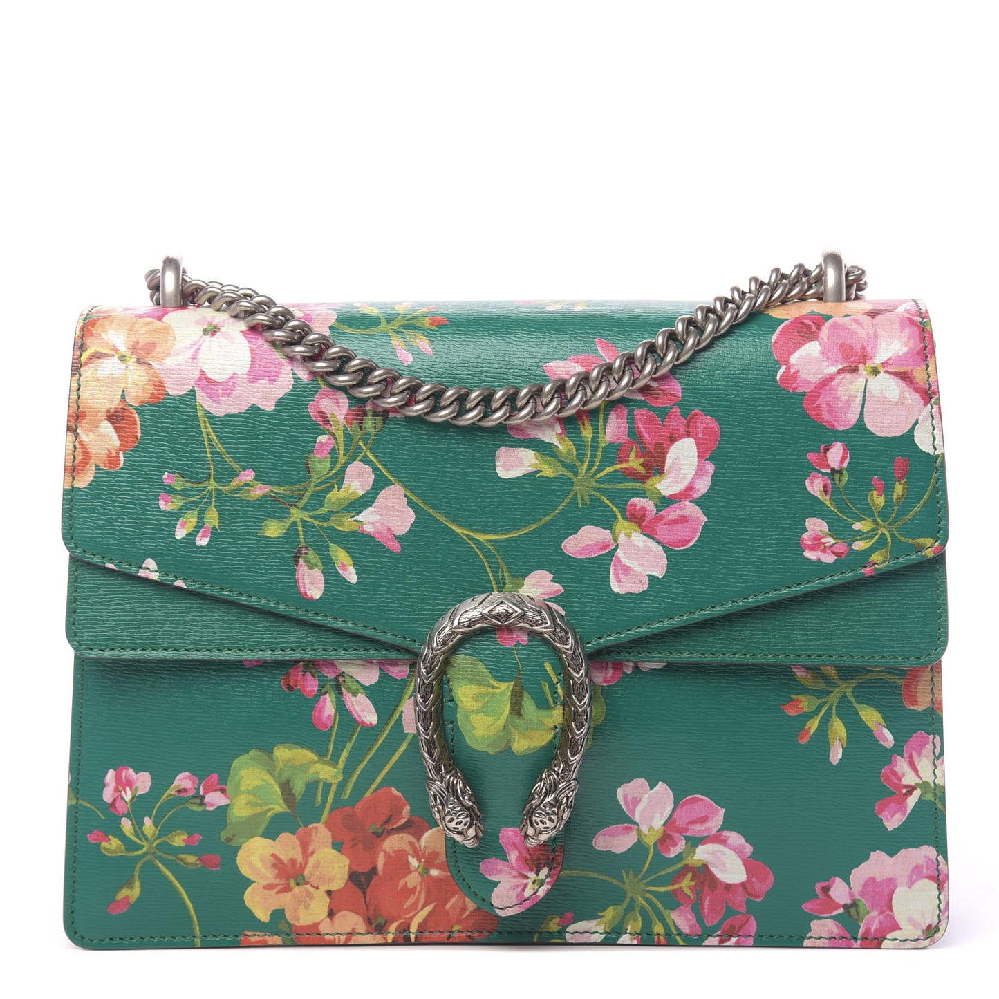 Calfskin Blooms Print Medium Dionysus Shoulder Bag Bright Emerald Multicolor