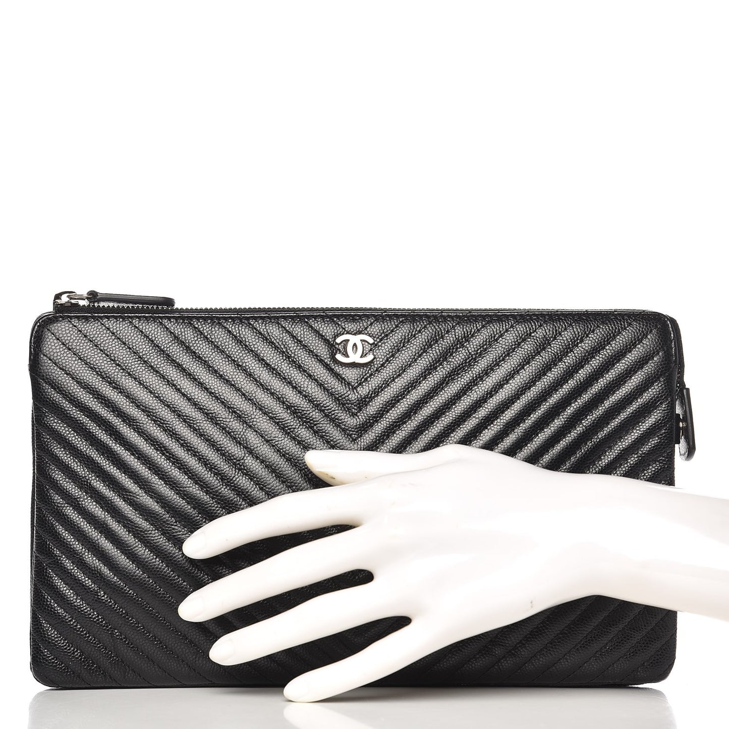 Caviar Chevron Quilted Large Zipped Clutch Black