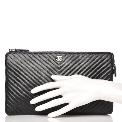 Chanel Caviar Chevron Quilted Large Zipped Clutch Black 2 of 8
