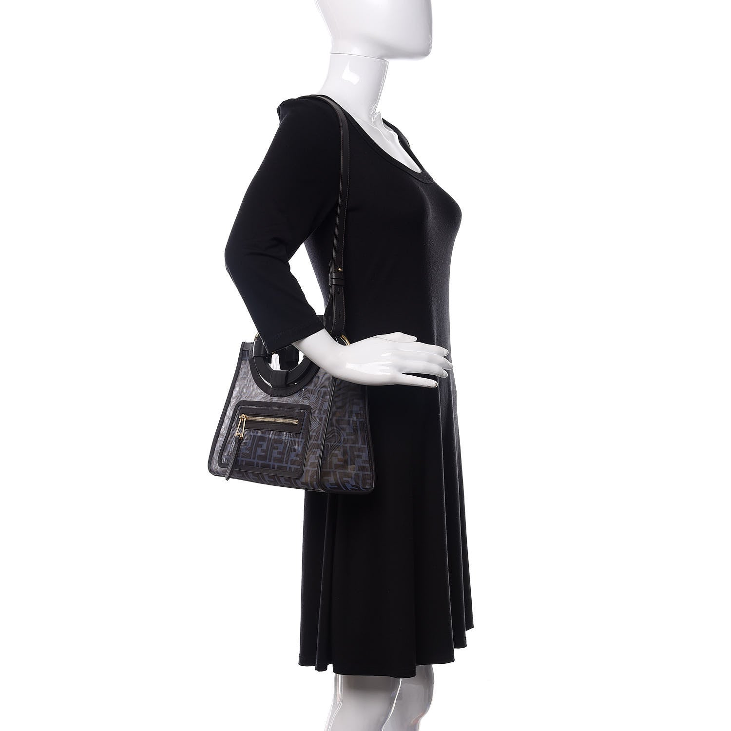 Fendi Mesh Vitello Century Cuoio FF 1974 Small Runaway Shopper Tote Azzurro Black Ebano 2 of 10
