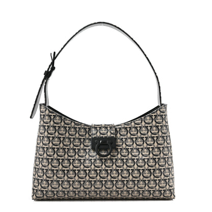 Salvatore Ferragamo Jacquard Trifolio Shoulder Bag Beige Black 1 of 9