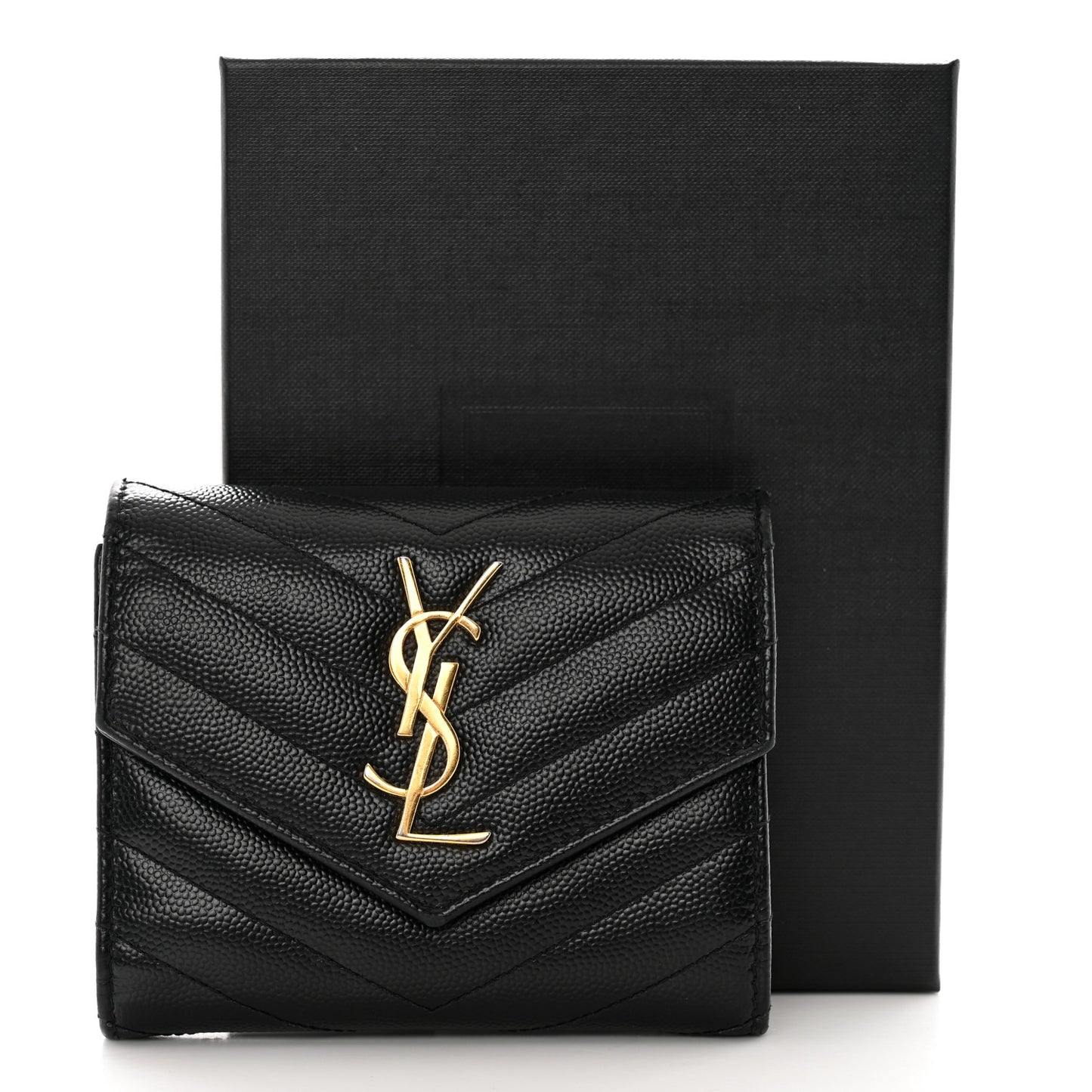 Grain De Poudre Matelasse Chevron Monogram Compact Tri Fold Wallet Black