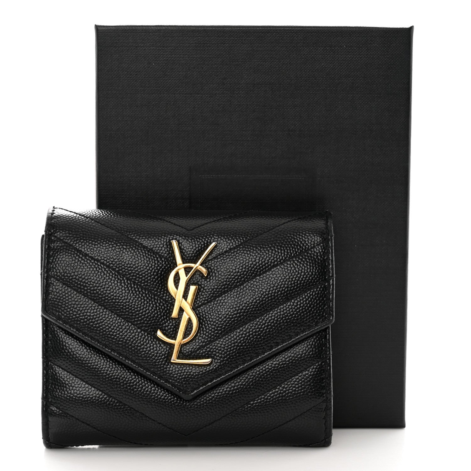 Saint Laurent Grain De Poudre Matelasse Chevron Monogram Compact Tri Fold Wallet Black 11 of 11