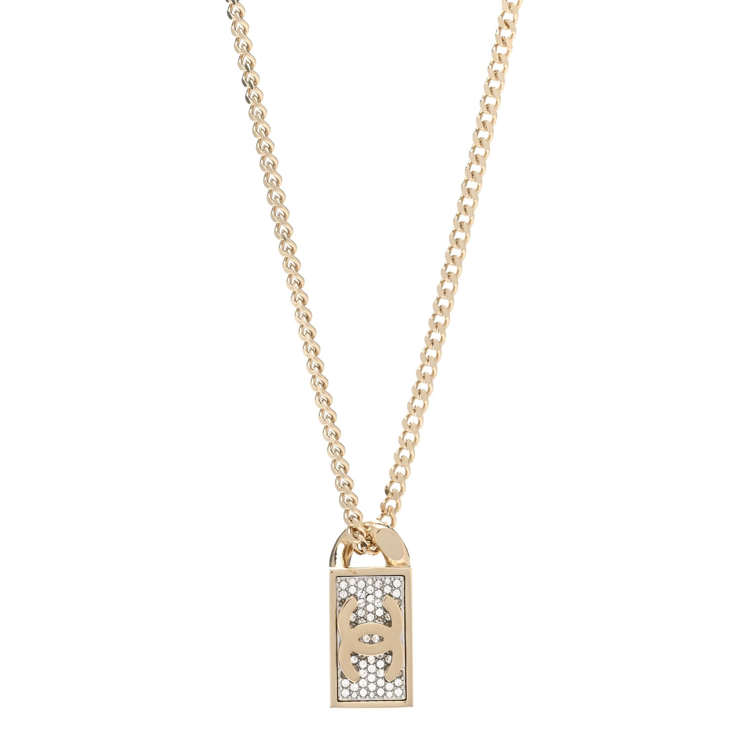 Chanel Crystal Dog Tag Charm Necklace Gold 1 of 6