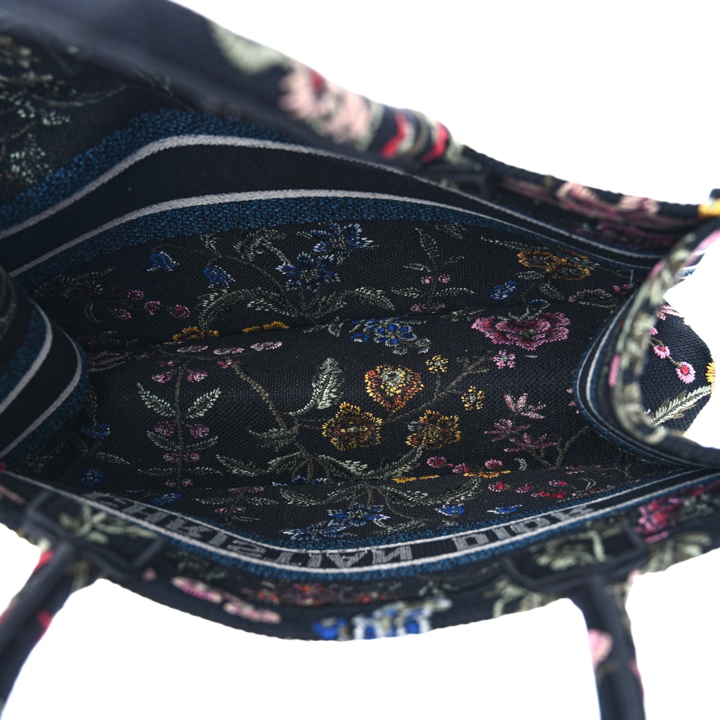 Raffia Embroidered Petites Fleurs Medium Book Tote Navy Blue Multicolor