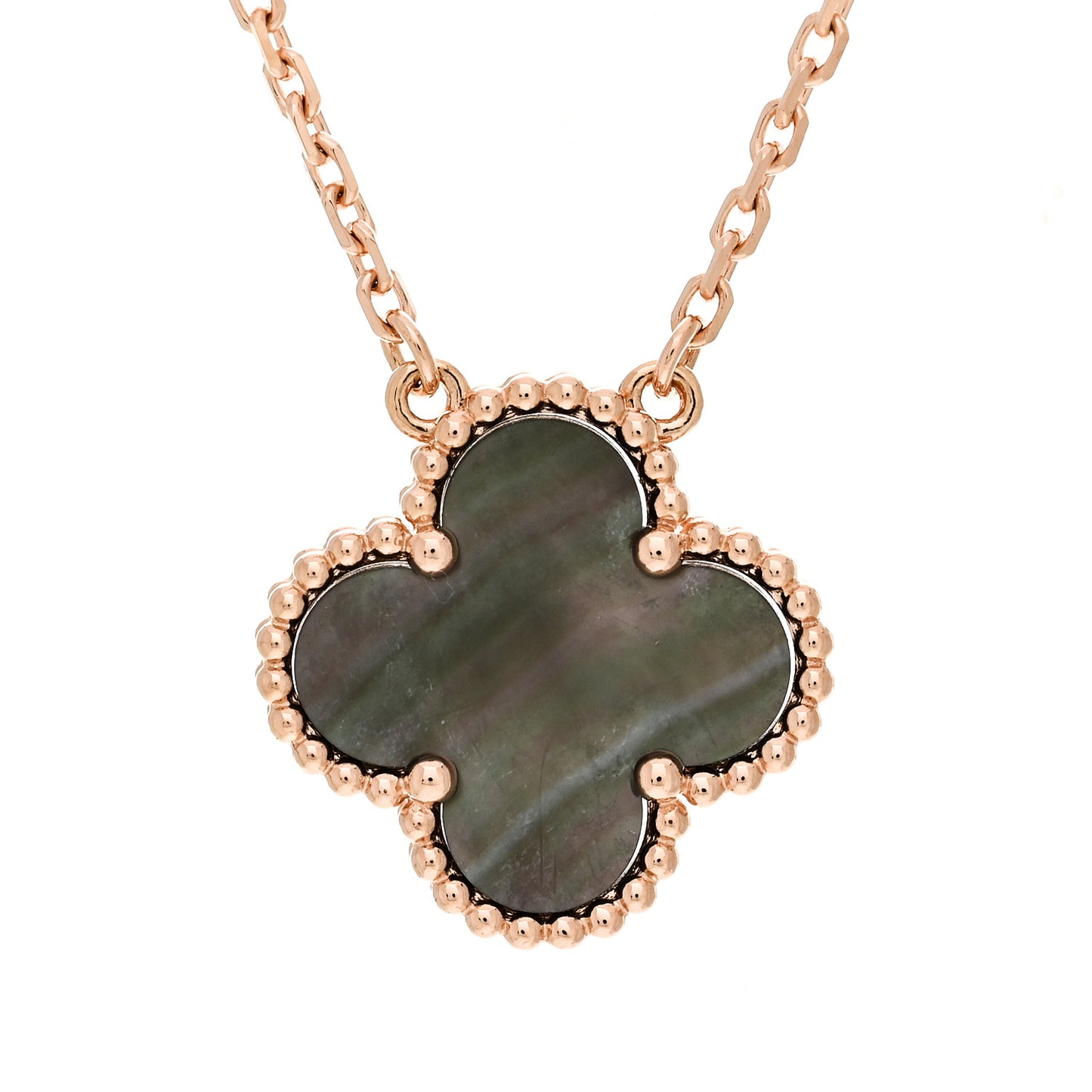 18K Rose Gold Gray Mother of Pearl Vintage Alhambra Pendant Necklace
