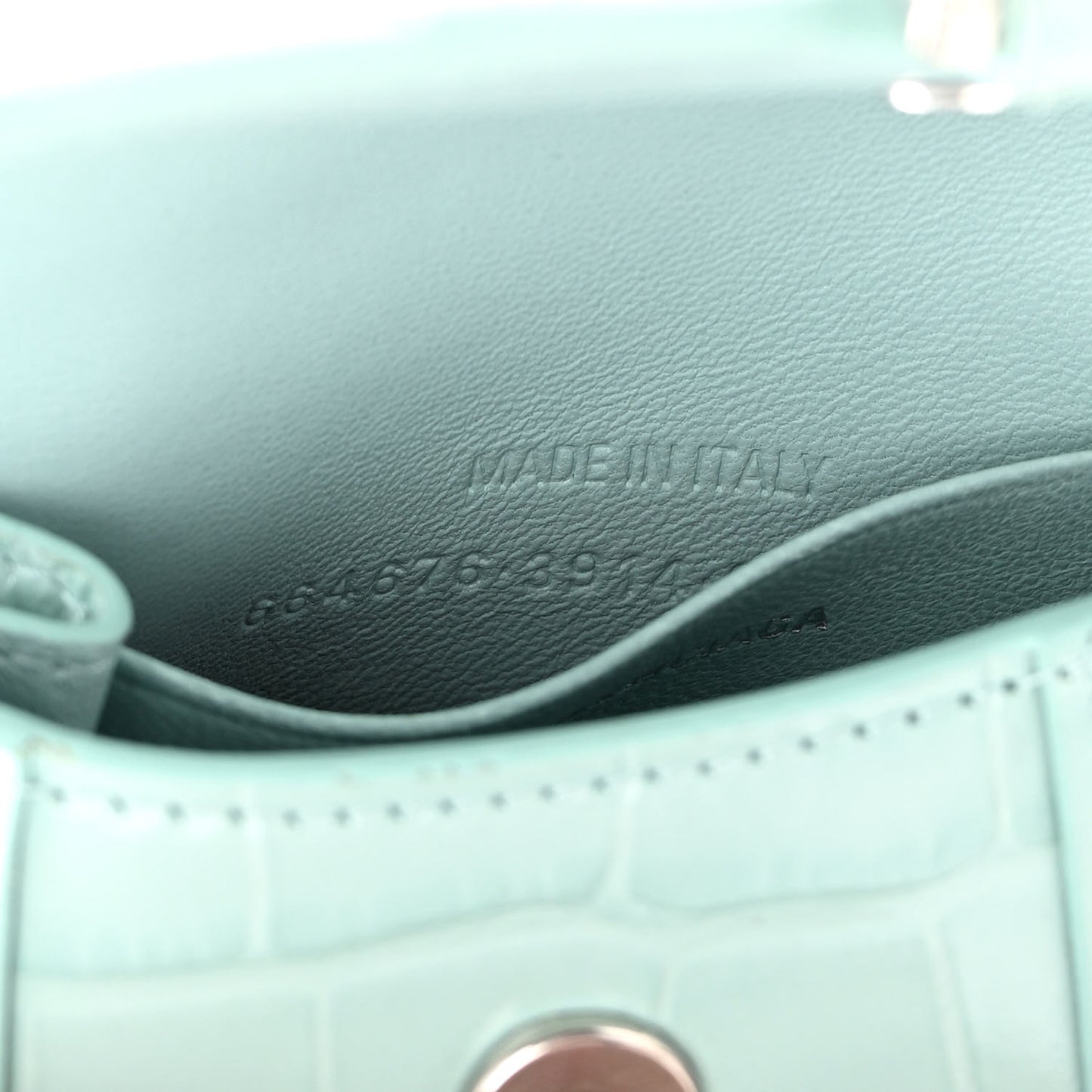 Shiny Calfskin Crocodile Embossed Hourglass Top Handle Bag Mini with Chain Green Acqua