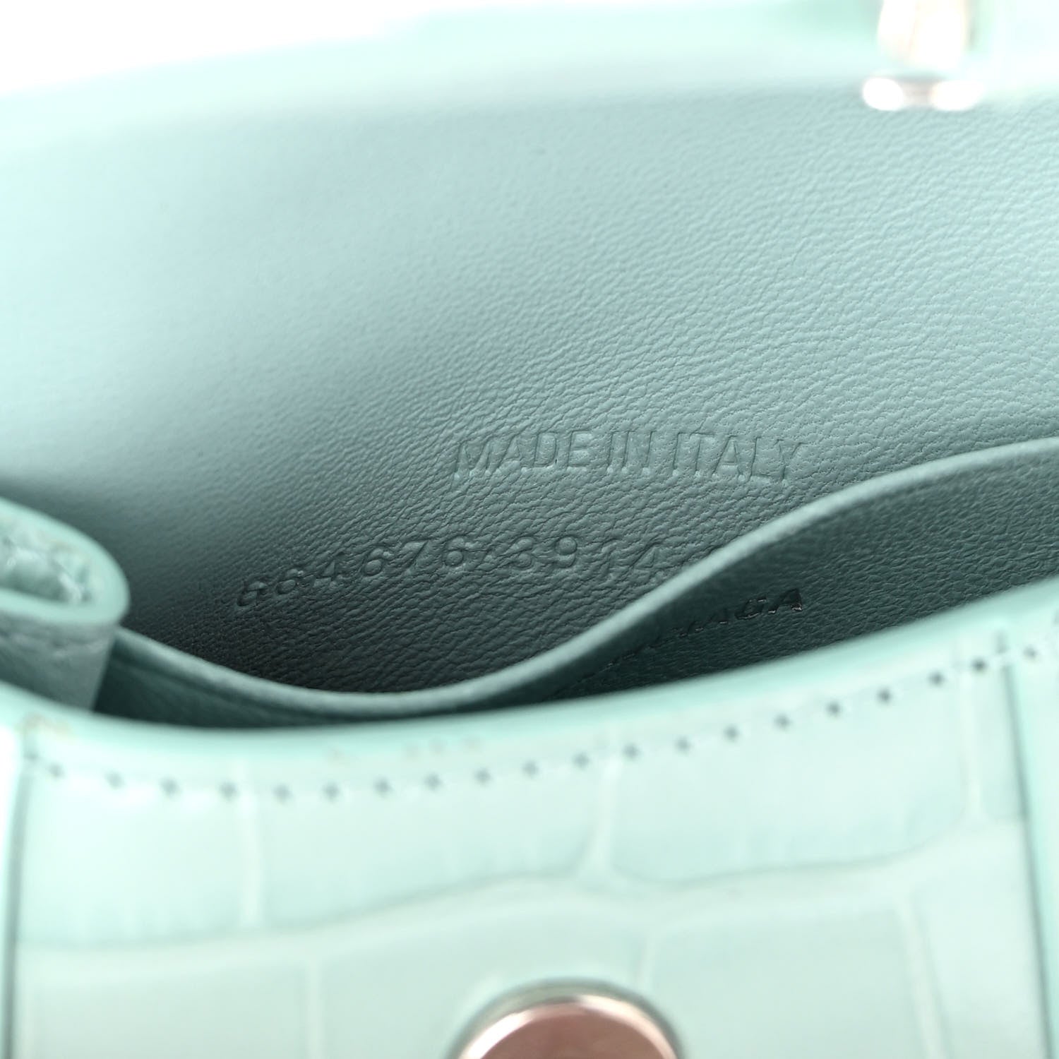 Balenciaga Shiny Calfskin Crocodile Embossed Hourglass Top Handle Bag Mini with Chain Green Acqua 7 of 11
