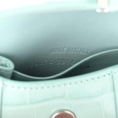 Balenciaga Shiny Calfskin Crocodile Embossed Hourglass Top Handle Bag Mini with Chain Green Acqua 7 of 11