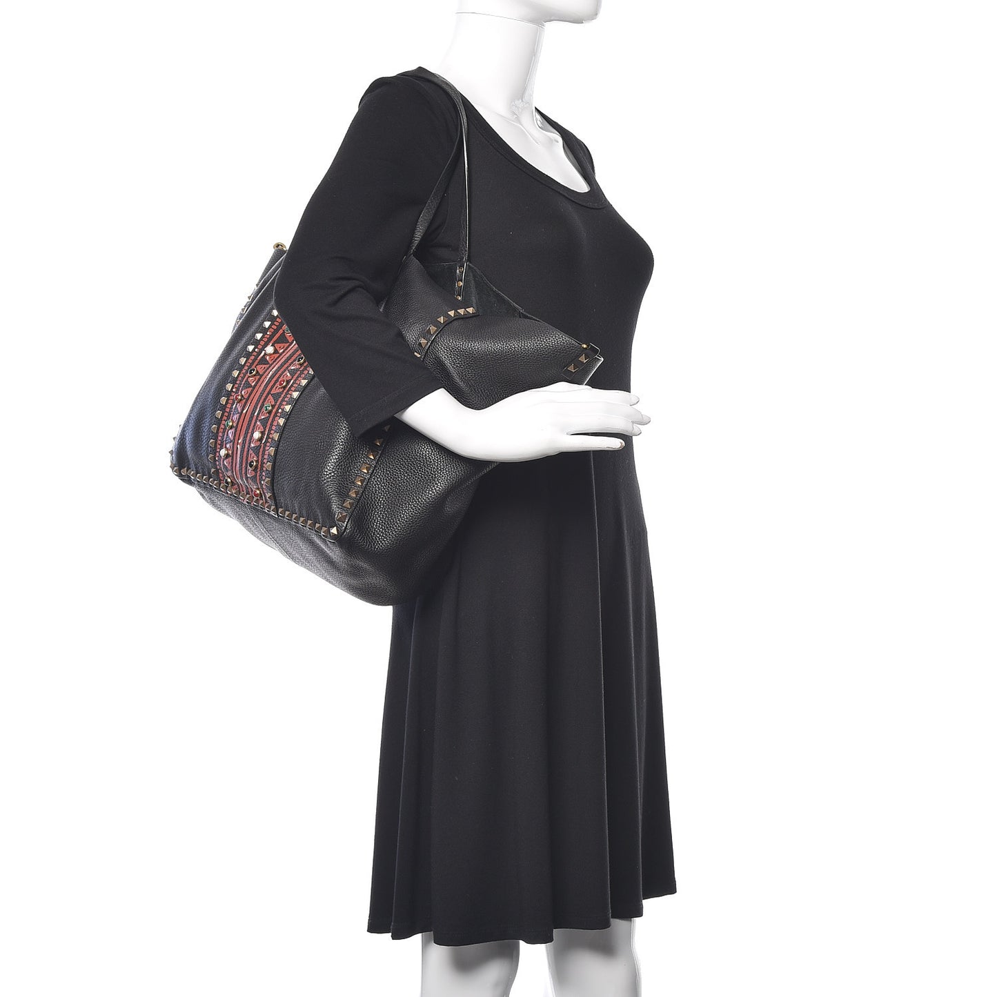 Grained Calfskin Tribal Large Rockstud Rolling Crossbody Tote Black