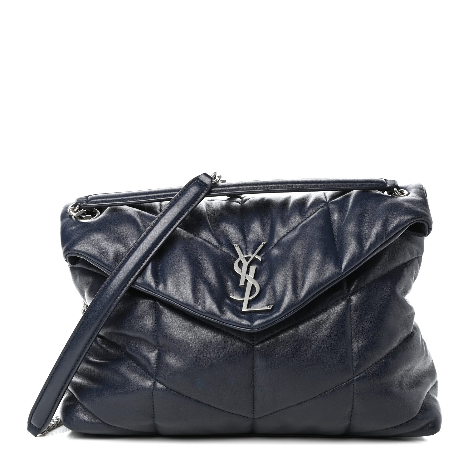 Saint Laurent Lambskin Quilted Medium Loulou Puffer Monogram Chain Satchel Navy 1 of 9